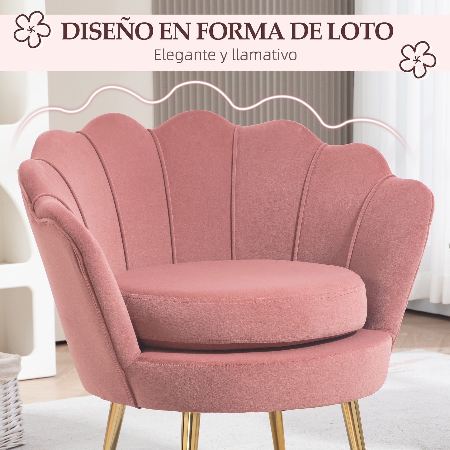 HOMCOM Butaca de Salón Tapizada en Terciopelo Sillón Butaca de Dormitorio con Respaldo en Forma de Concha y Patas Doradas para Comedor 76x67x74 cm Rosa