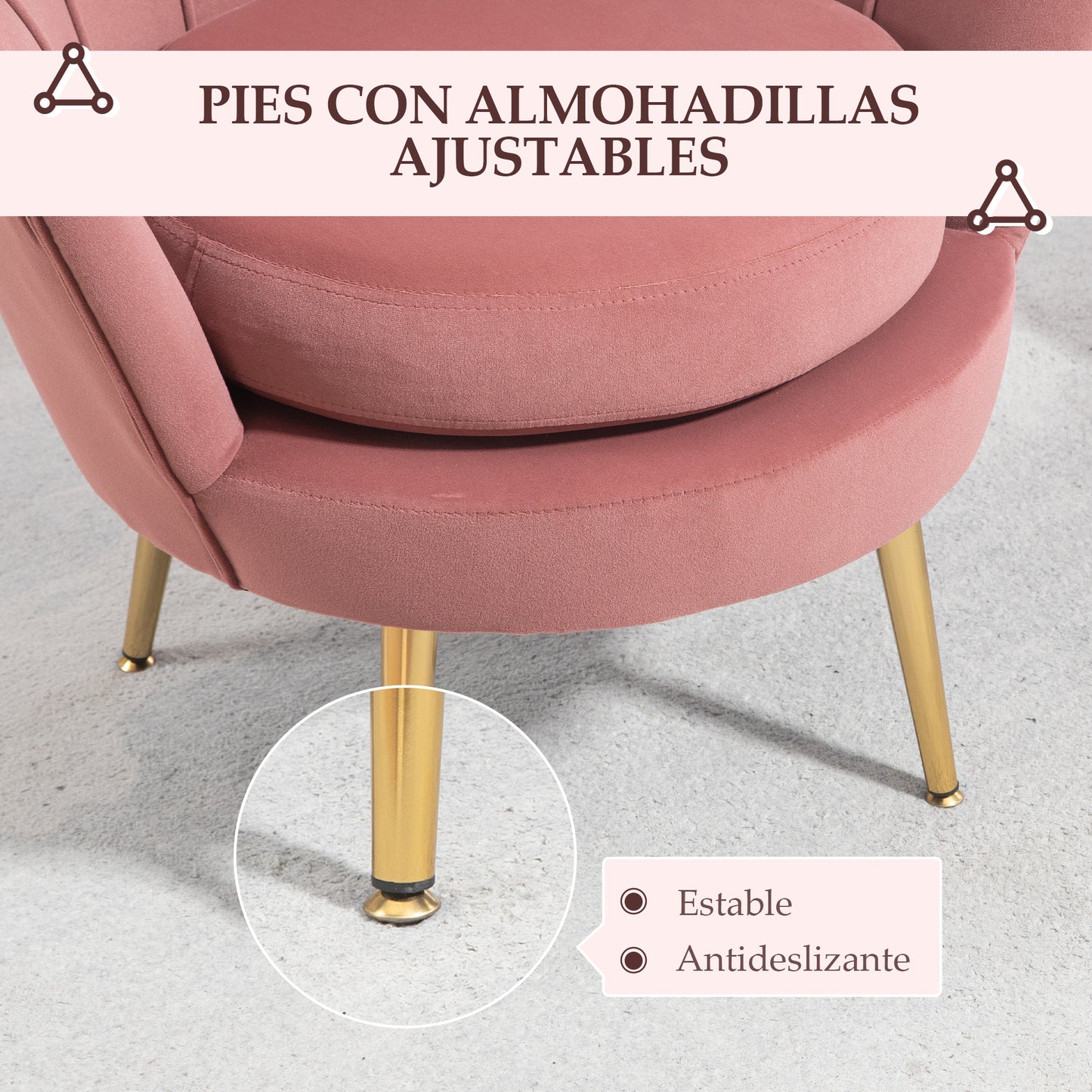 HOMCOM Butaca de Salón Tapizada en Terciopelo Sillón Butaca de Dormitorio con Respaldo en Forma de Concha y Patas Doradas para Comedor 76x67x74 cm Rosa