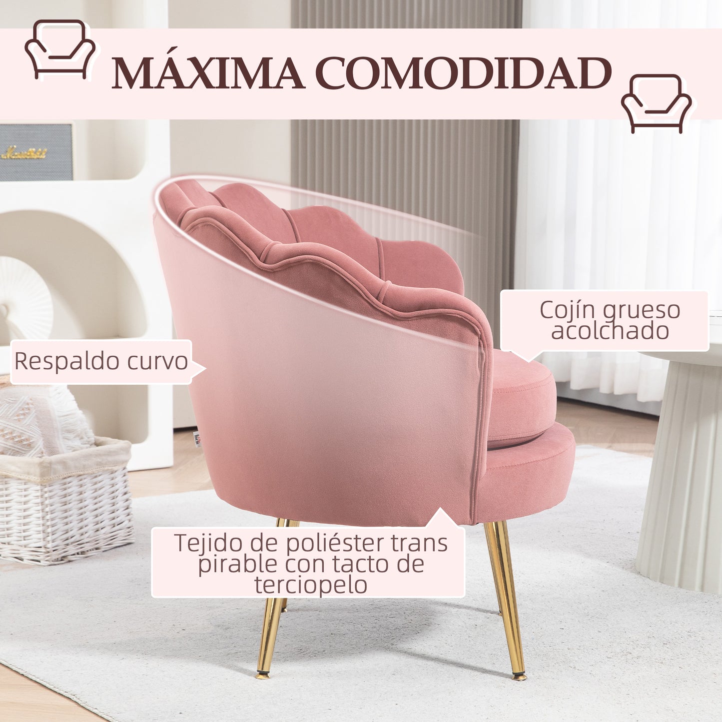 HOMCOM Butaca de Salón Tapizada en Terciopelo Sillón Butaca de Dormitorio con Respaldo en Forma de Concha y Patas Doradas para Comedor 76x67x74 cm Rosa