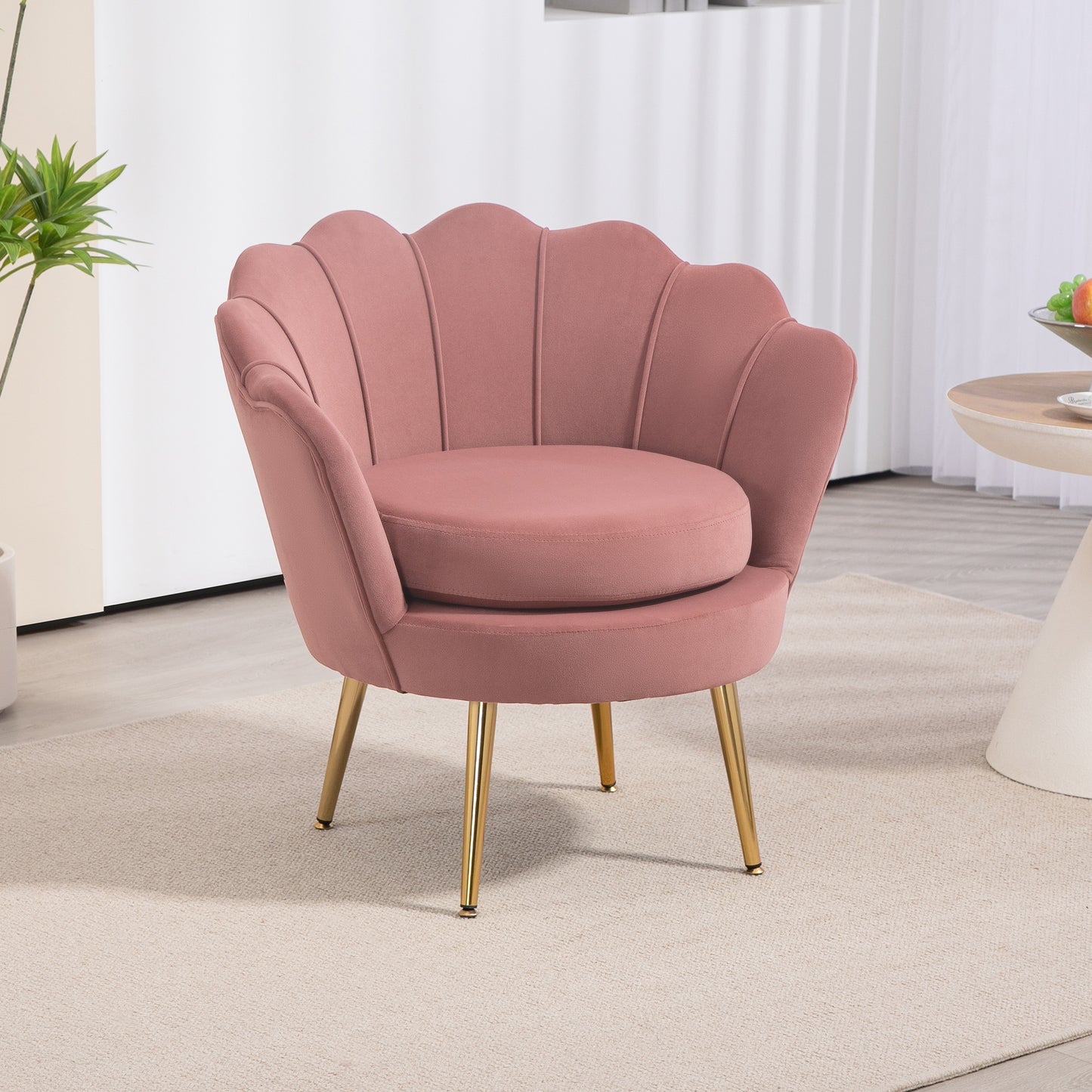 HOMCOM Butaca de Salón Tapizada en Terciopelo Sillón Butaca de Dormitorio con Respaldo en Forma de Concha y Patas Doradas para Comedor 76x67x74 cm Rosa