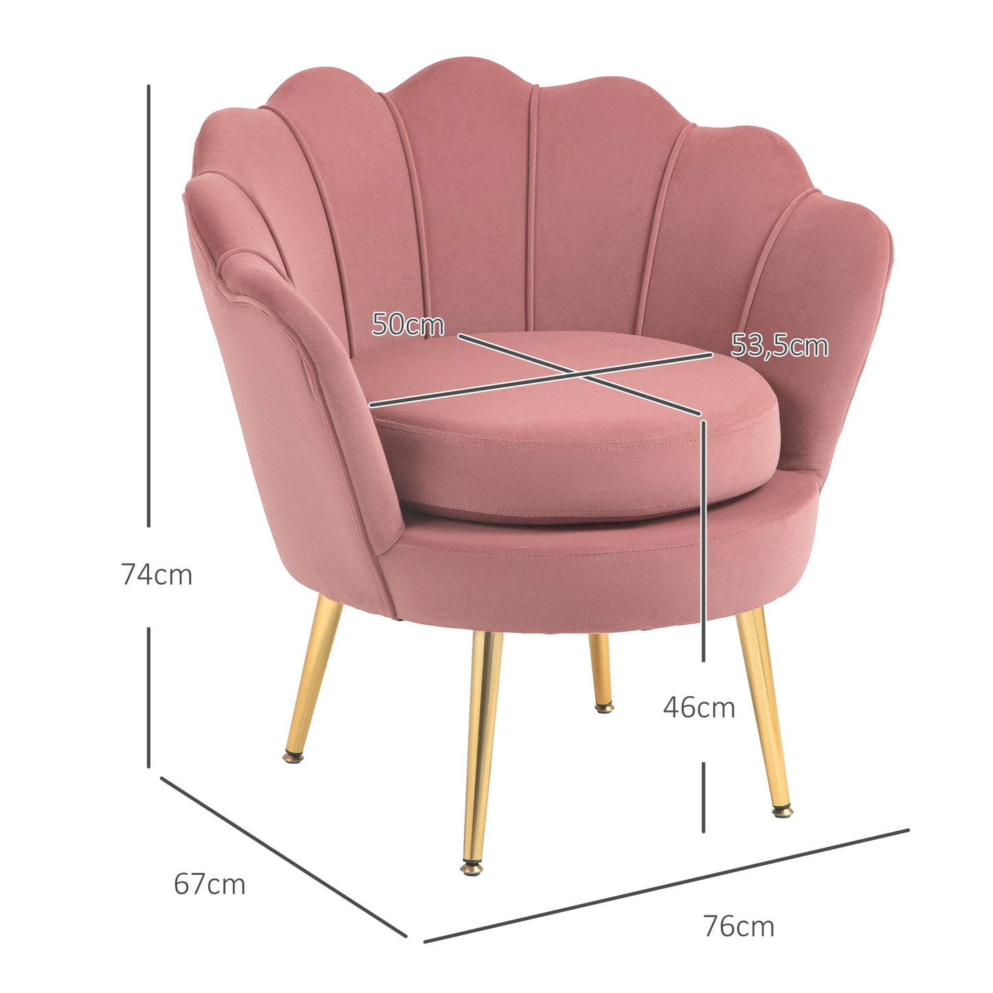 HOMCOM Butaca de Salón Tapizada en Terciopelo Sillón Butaca de Dormitorio con Respaldo en Forma de Concha y Patas Doradas para Comedor 76x67x74 cm Rosa