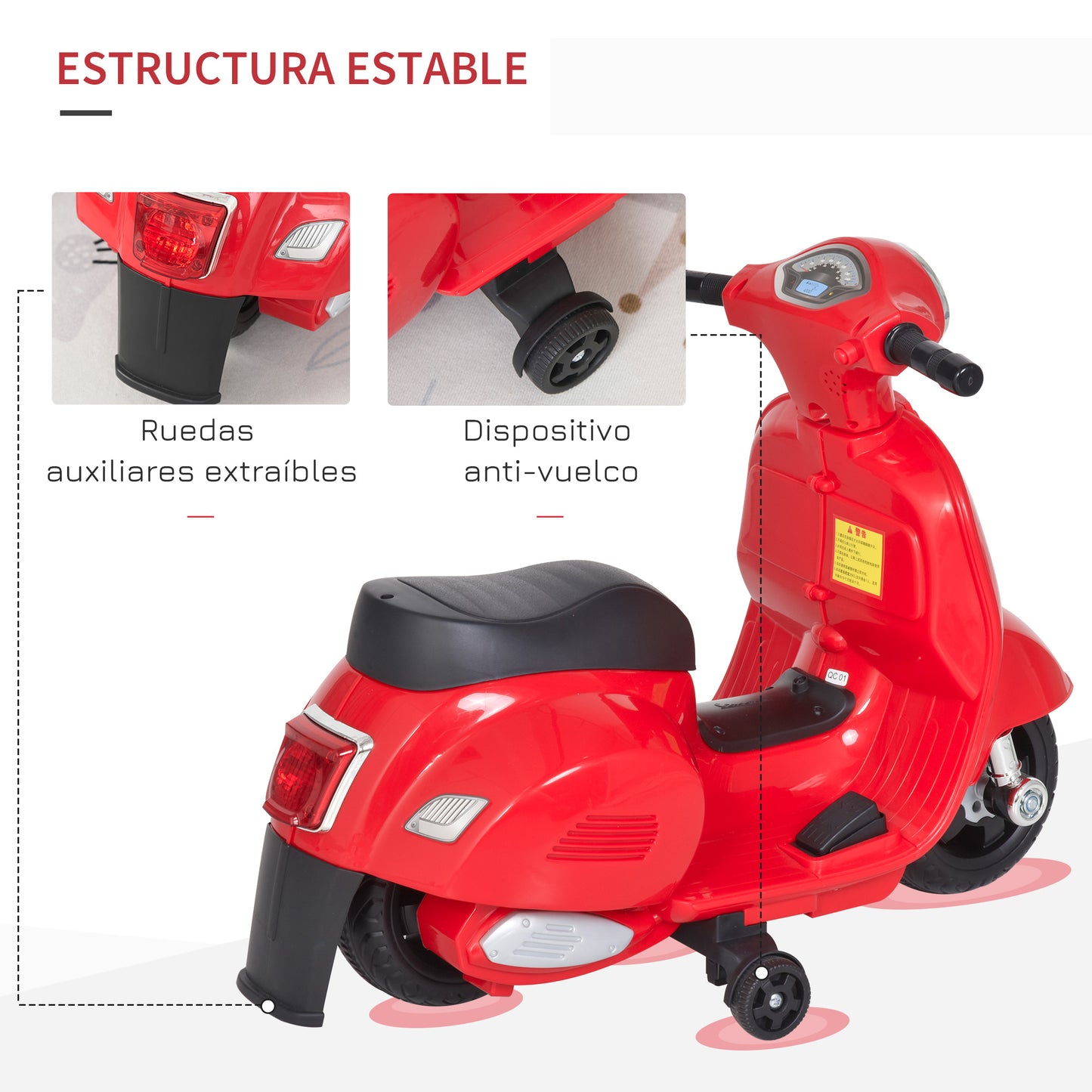 HOMCOM Moto Eléctrica Vespa para Niños de 18-36 Meses Moto de Batería 6V con Faro Bocina y 4 Ruedas Motocicleta Infantil con Licencia 66,5x38x52 cm Rojo