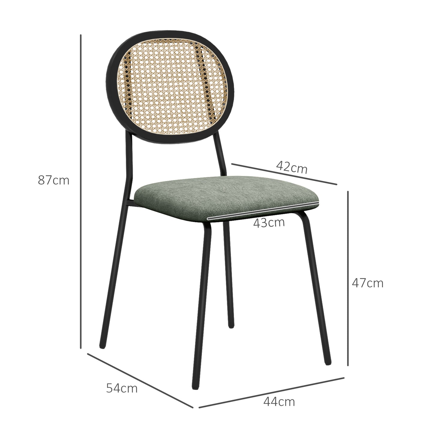 HOMCOM Pack de 2 Sillas de Comedor Sillas de Cocina con Respaldo de Ratán Sintético y Marco de Acero para Salón 44x54x87 cm Verde Oscuro y Negro