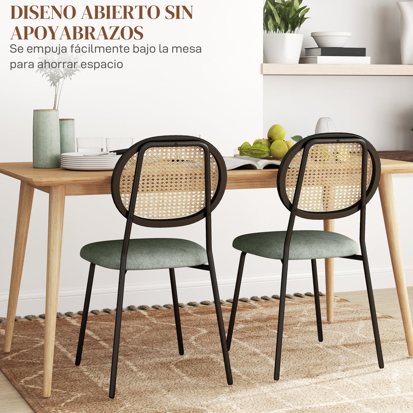 HOMCOM Pack de 2 Sillas de Comedor Sillas de Cocina con Respaldo de Ratán Sintético y Marco de Acero para Salón 44x54x87 cm Verde Oscuro y Negro