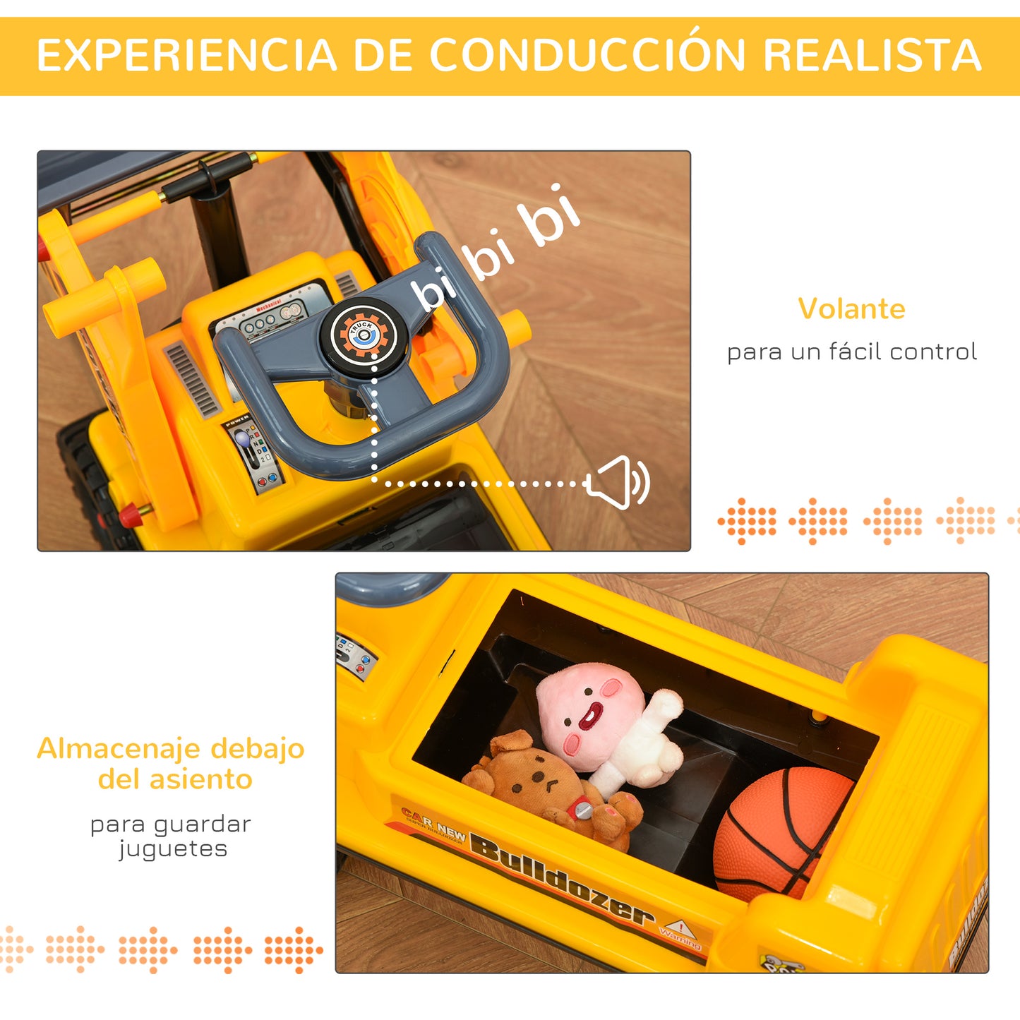 HOMCOM Camion Correpasillos Tractor sin Pedales para Niños de 2-3 Años con Pala Excavadora Espacio de Almacenaje Oculto y Bocina 70x26x37 cm Amarillo