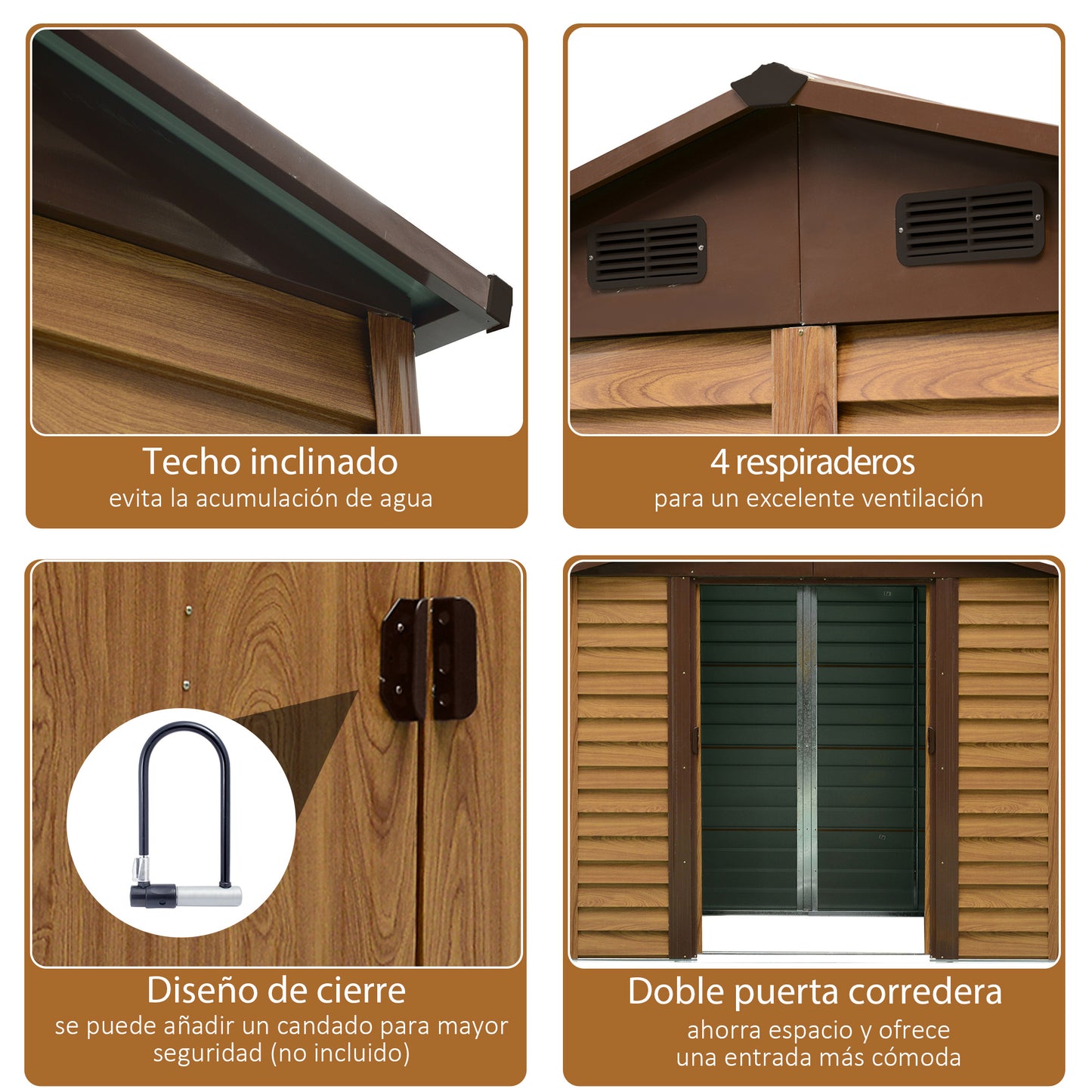 Outsunny Cobertizo de Jardín Exterior 3 m² 236x152x209 cm Caseta de Jardín Metálica con 2 Puertas Corredizas y 4 Ventanas para Almacenamiento de Herramientas Efecto Madera Natural y Café