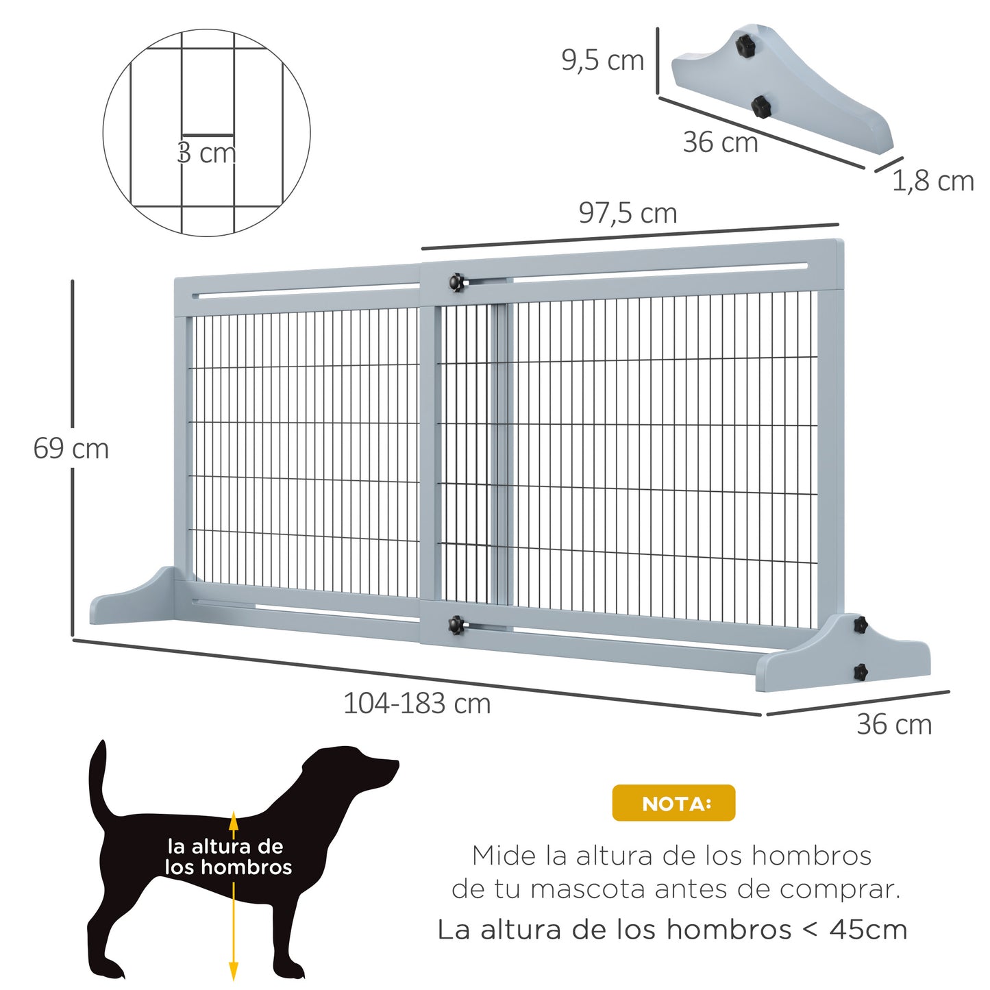 PawHut Barrera de Seguridad para Perros Extensible Barrera para Perros en Casa de Madera para Puerta Escalera Pasillo 104-183x36x69 cm Gris