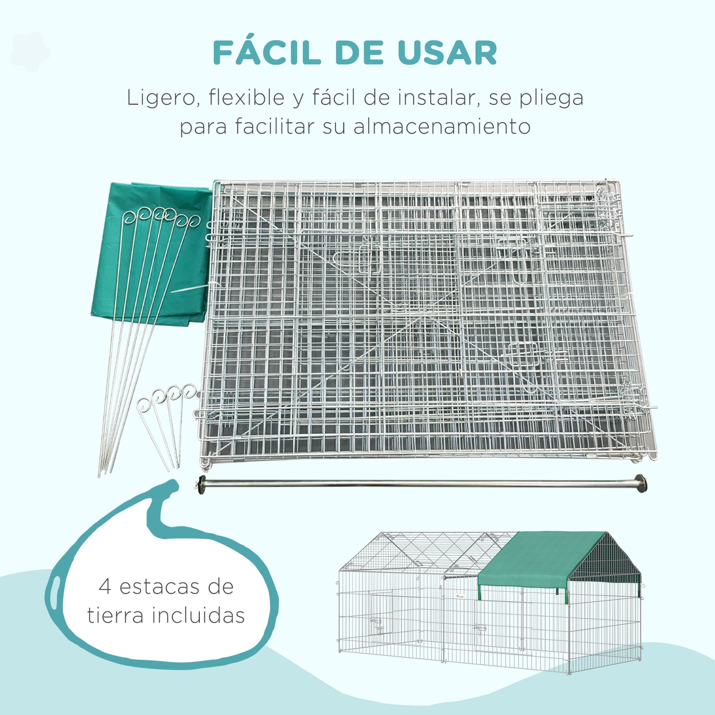 PawHut Jaula Recinto para Animales Pequeños 220x103x103 cm Jaula para Conejos Corral con 2 Puertas y Protección contra Solar para Conejo Gallinas Patos Exterior Jardín Patio Plata y Verde