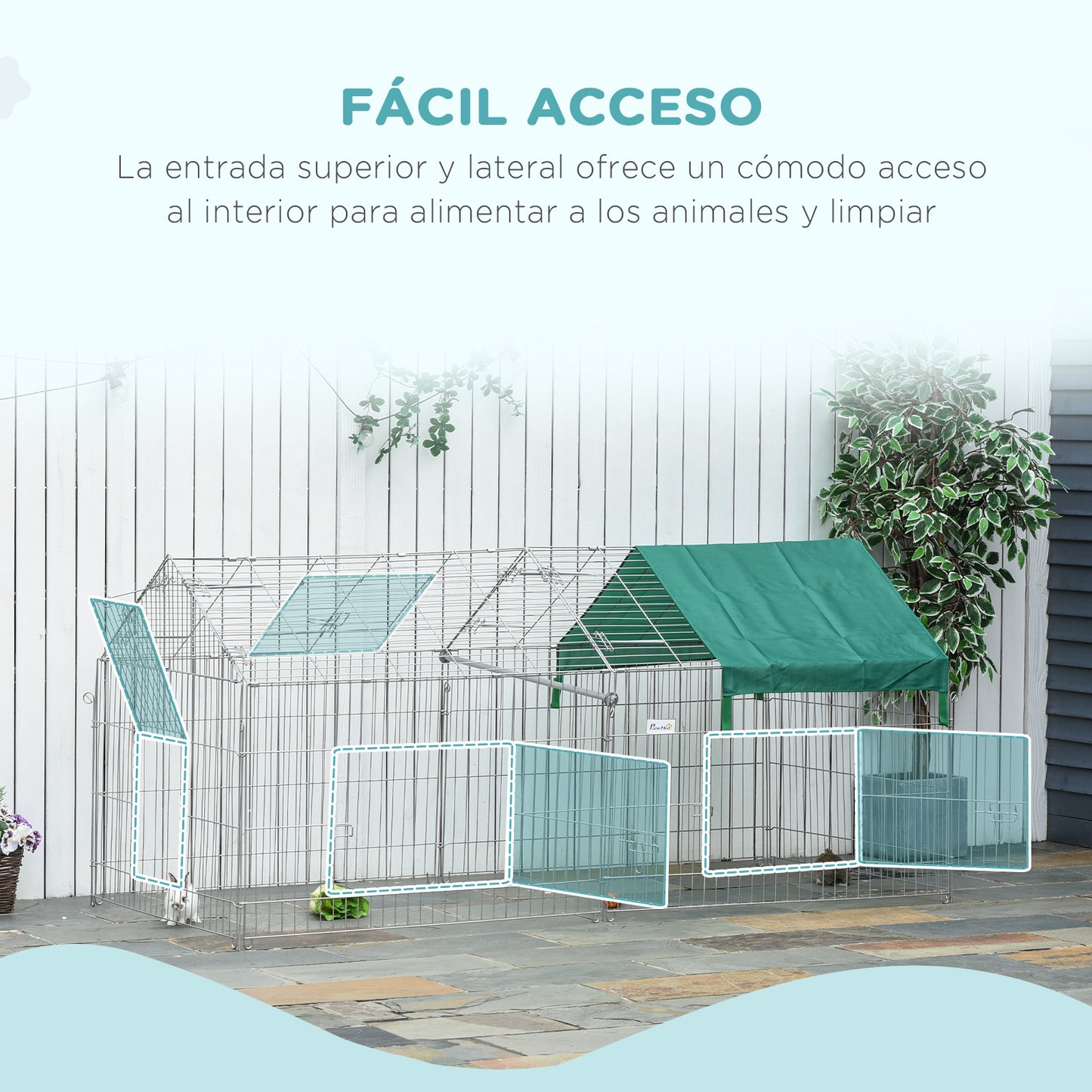 PawHut Jaula Recinto para Animales Pequeños 220x103x103 cm Jaula para Conejos Corral con 2 Puertas y Protección contra Solar para Conejo Gallinas Patos Exterior Jardín Patio Plata y Verde