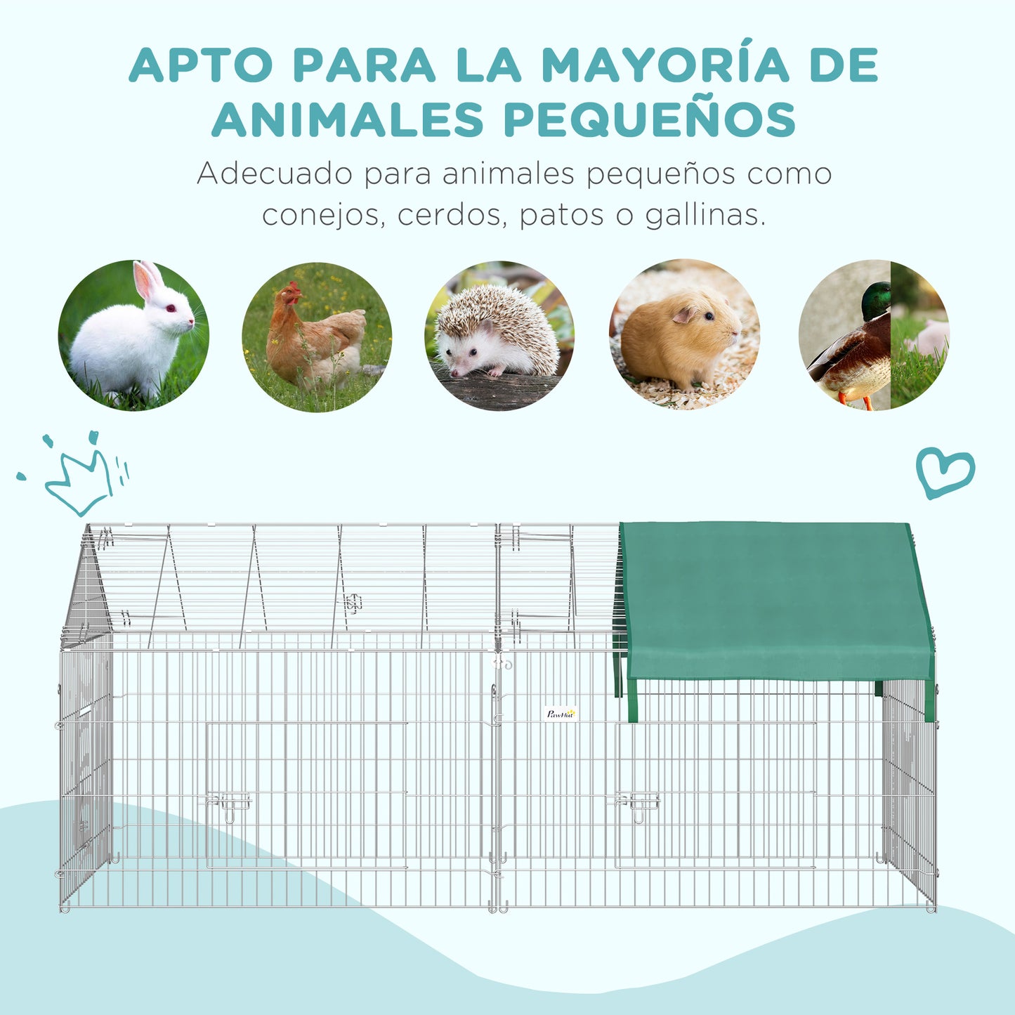 PawHut Jaula Recinto para Animales Pequeños 220x103x103 cm Jaula para Conejos Corral con 2 Puertas y Protección contra Solar para Conejo Gallinas Patos Exterior Jardín Patio Plata y Verde