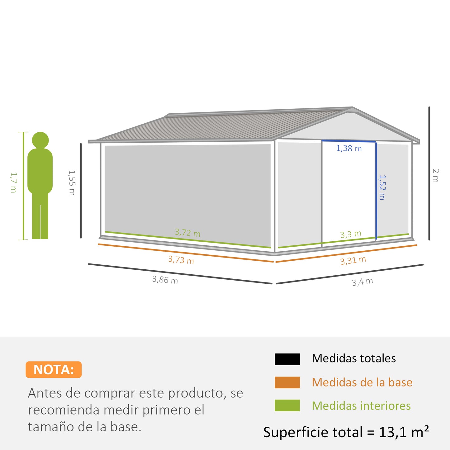 Outsunny Caseta de Jardín de Exterior Cobertizo de Jardín 12,4 m² 340x386x200 cm con 2 Puertas Corredizas Base Refuerzo (Suelo NO Incluido) para Patio Terraza Gris Claro