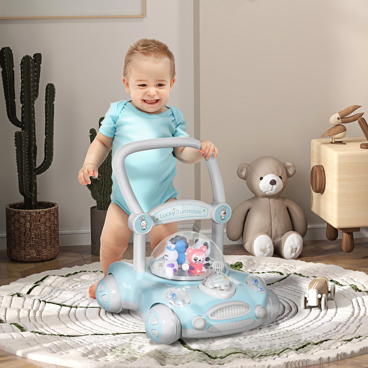 AIYAPLAY Andador para Bebés de 1-3 Años Tacatá para Bebés con Altura Ajustable Música Ruedas Antideslizantes Luces Manillar Desmontable Carga 25 kg Azul Claro