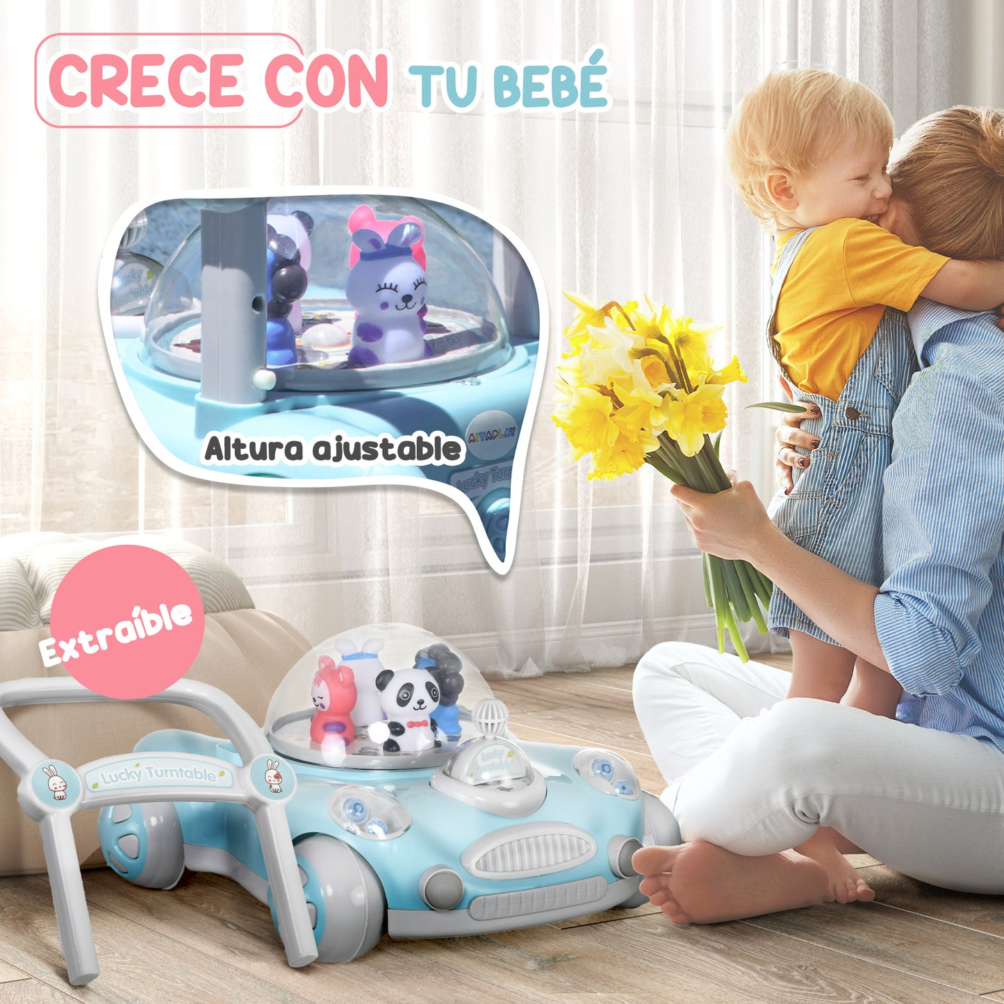 AIYAPLAY Andador para Bebés de 1-3 Años Tacatá para Bebés con Altura Ajustable Música Ruedas Antideslizantes Luces Manillar Desmontable Carga 25 kg Azul Claro