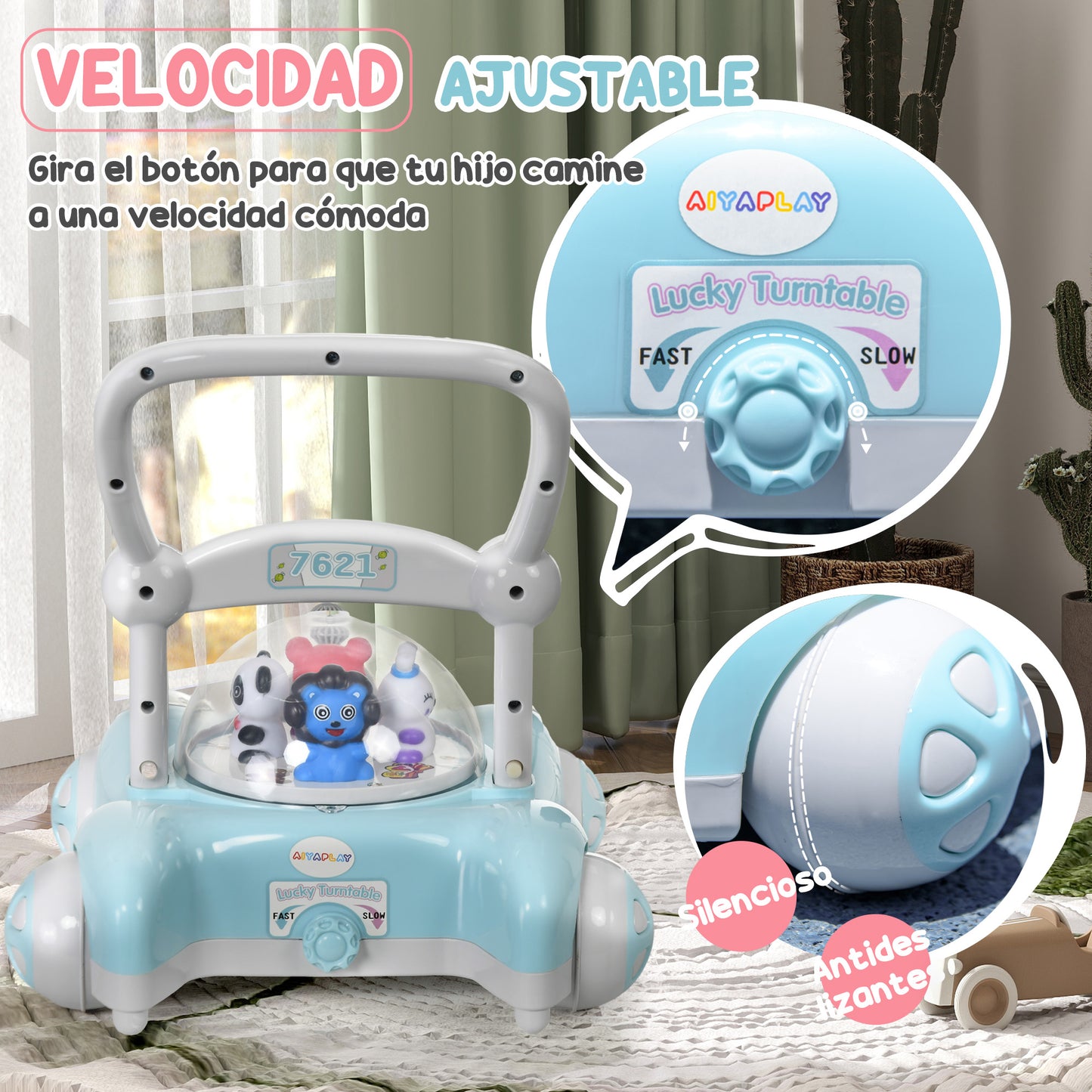 AIYAPLAY Andador para Bebés de 1-3 Años Tacatá para Bebés con Altura Ajustable Música Ruedas Antideslizantes Luces Manillar Desmontable Carga 25 kg Azul Claro