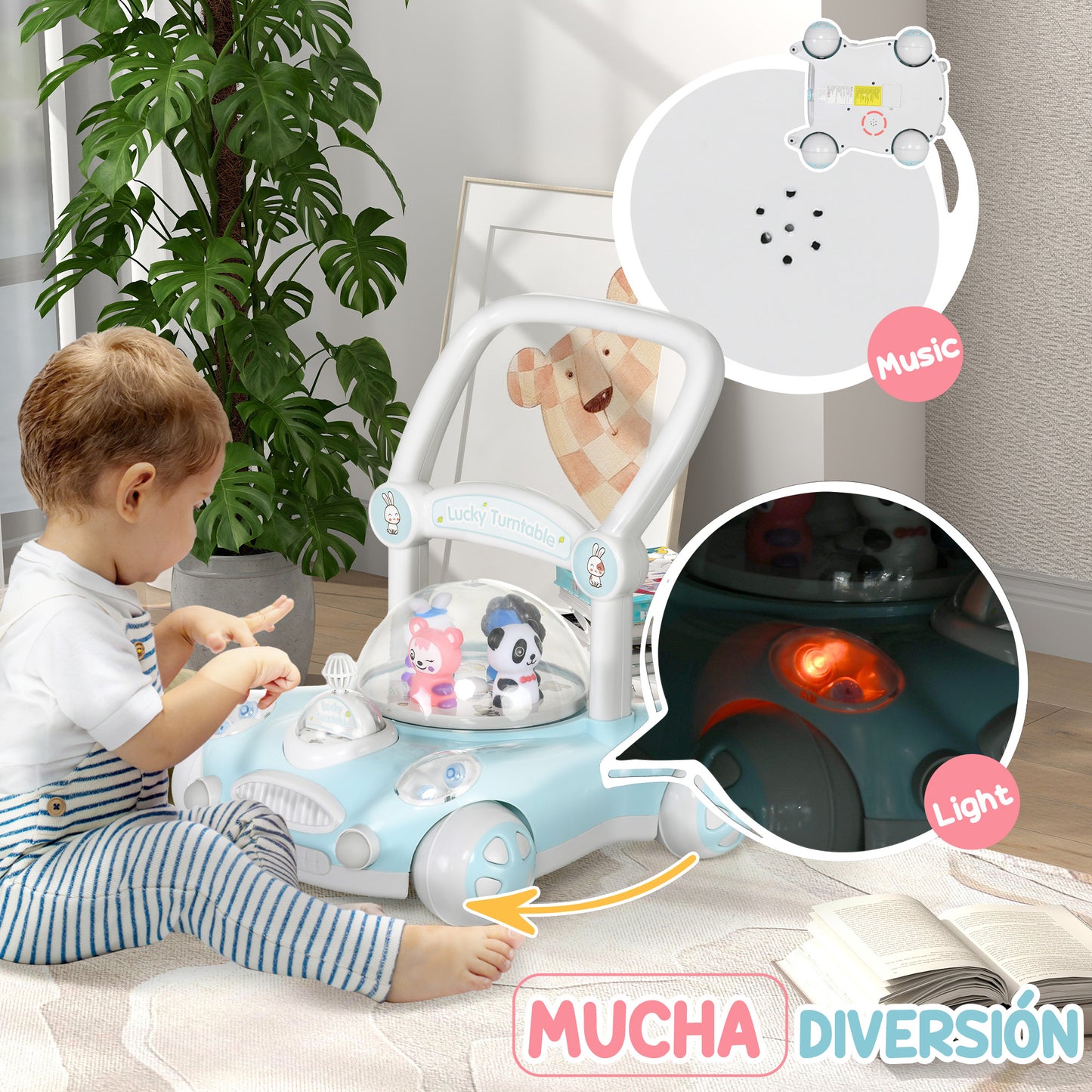 AIYAPLAY Andador para Bebés de 1-3 Años Tacatá para Bebés con Altura Ajustable Música Ruedas Antideslizantes Luces Manillar Desmontable Carga 25 kg Azul Claro