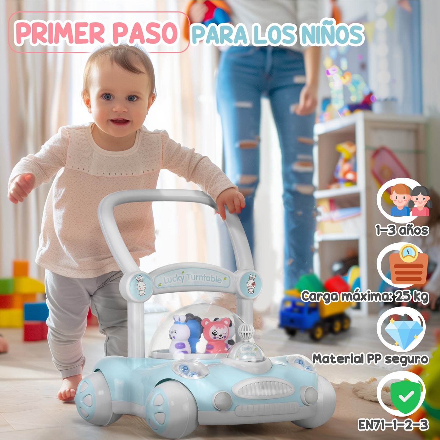 AIYAPLAY Andador para Bebés de 1-3 Años Tacatá para Bebés con Altura Ajustable Música Ruedas Antideslizantes Luces Manillar Desmontable Carga 25 kg Azul Claro