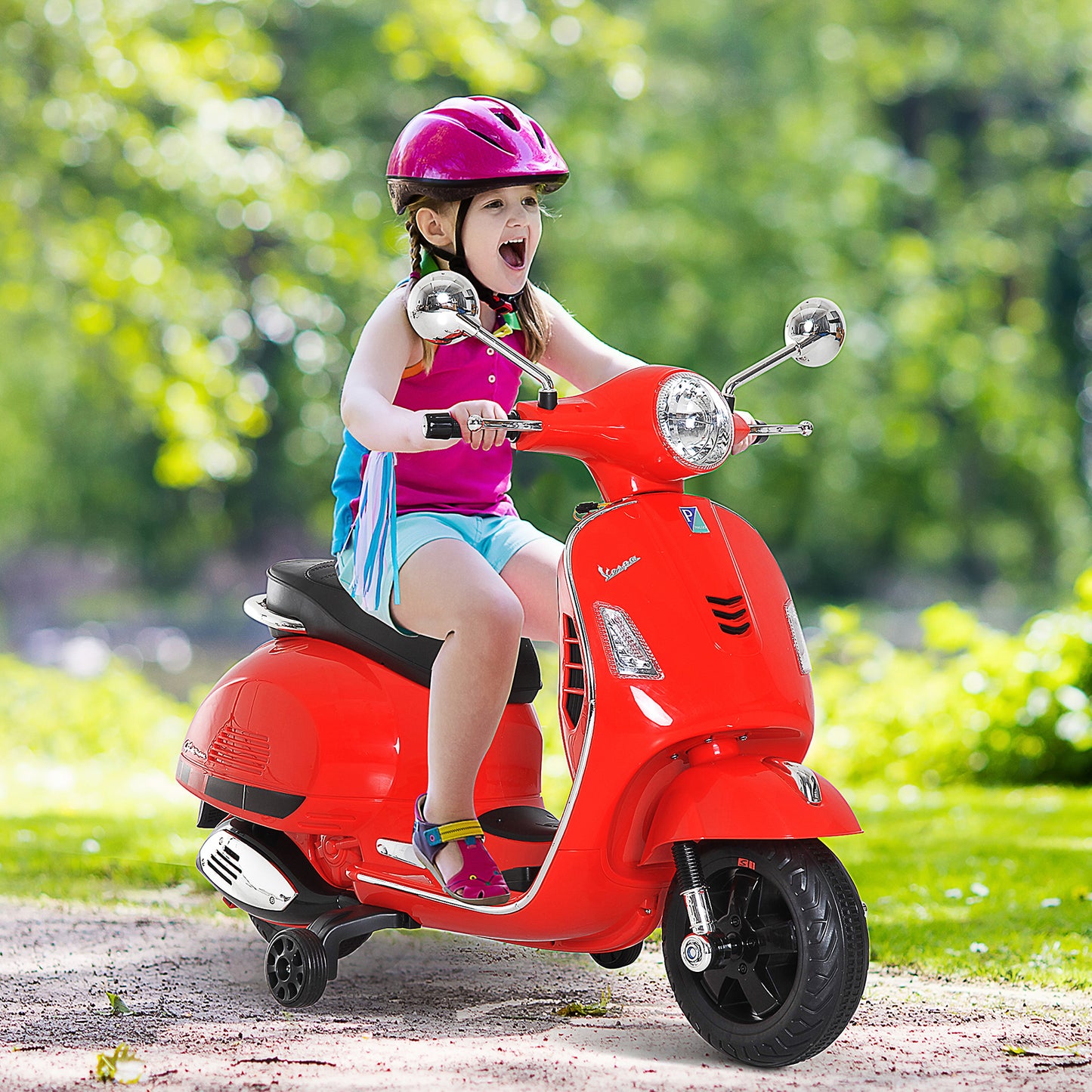 HOMCOM Moto Eléctrica para Niños de 3-6 Años con Licencia VESPA Moto de Batería para Niños con Música Velocidad 2-3 km/h y Bocina Carga 25 kg Rojo