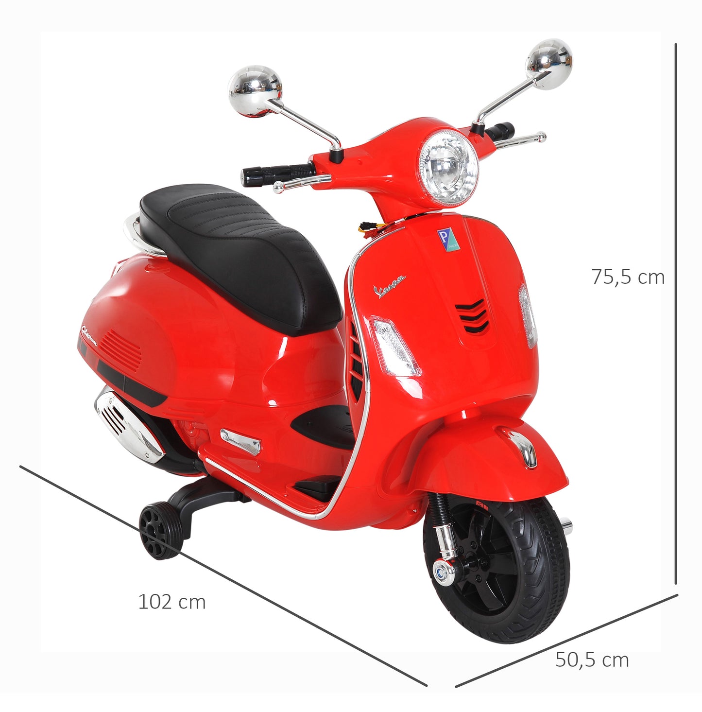 HOMCOM Moto Eléctrica para Niños de 3-6 Años con Licencia VESPA Moto de Batería para Niños con Música Velocidad 2-3 km/h y Bocina Carga 25 kg Rojo