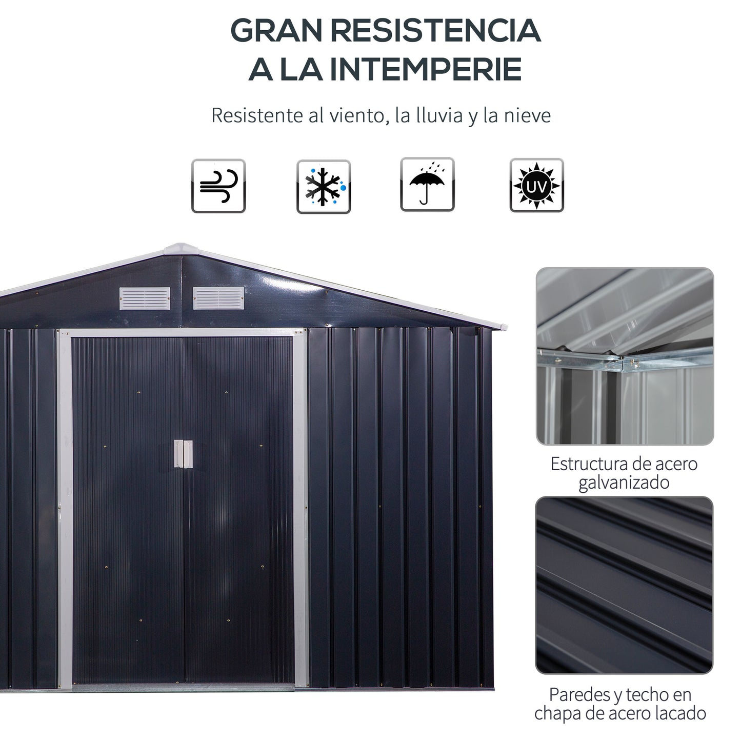 Outsunny Caseta de Jardín de Exterior Cobertizo de Jardín 8,3 m² 277x322x192 cm con 2 Puertas Corredizas Base Refuerzo (Suelo NO Incluido) para Patio Terraza Gris