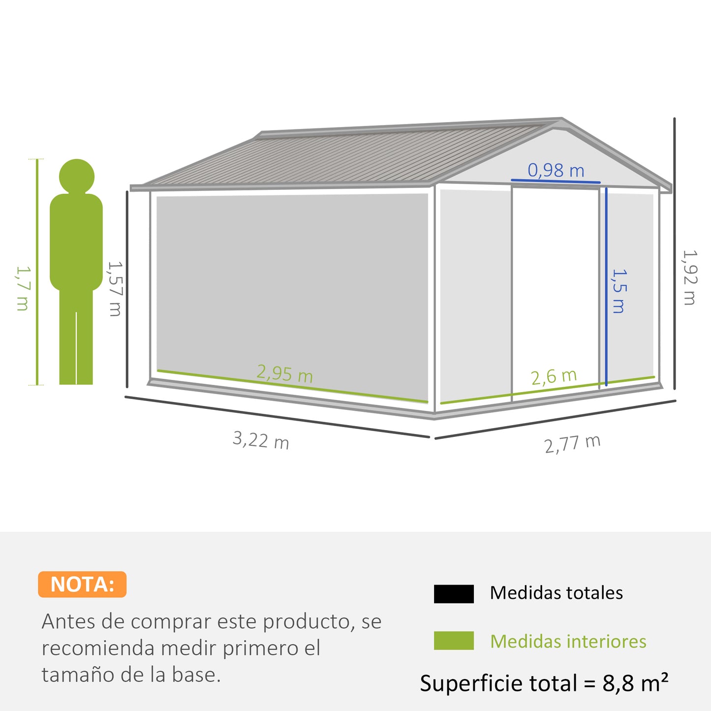 Outsunny Caseta de Jardín de Exterior Cobertizo de Jardín 8,3 m² 277x322x192 cm con 2 Puertas Corredizas Base Refuerzo (Suelo NO Incluido) para Patio Terraza Gris