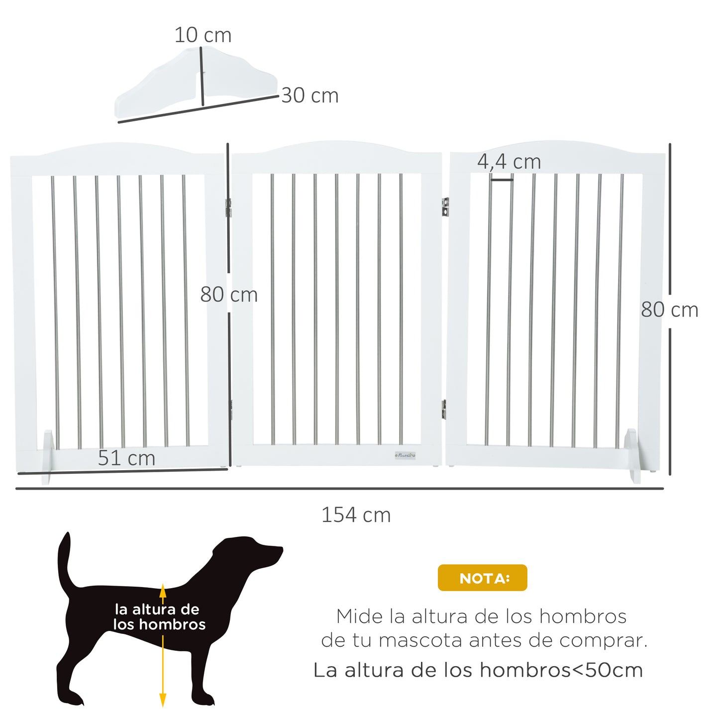 PawHut Barrera de Seguridad para Perros para Escaleras y Puertas 154x30x80 cm Valla para Perros Plegable con Soporte de Pie para Uso Interiores Blanco