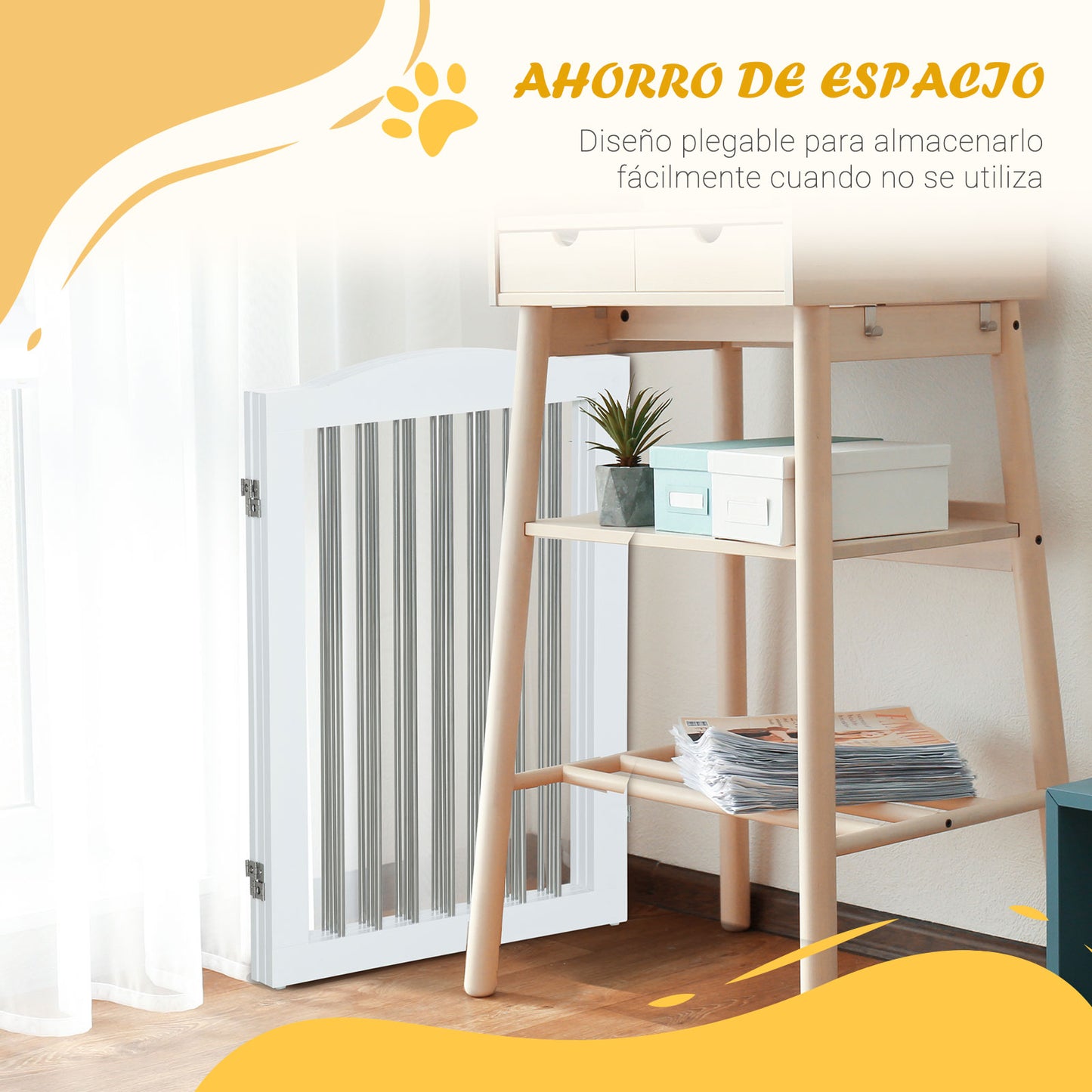 PawHut Barrera de Seguridad para Perros para Escaleras y Puertas 154x30x80 cm Valla para Perros Plegable con Soporte de Pie para Uso Interiores Blanco