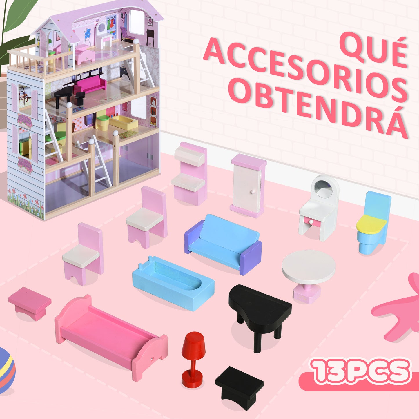 HOMCOM Casa de Muñecas de Madera con Muebles de 4 Niveles Altura 80,5 cm con 13 Accesorios Casita de Muñecas para Niñas Jueguete para Niños 60,5x30x80,5 cm Rosa