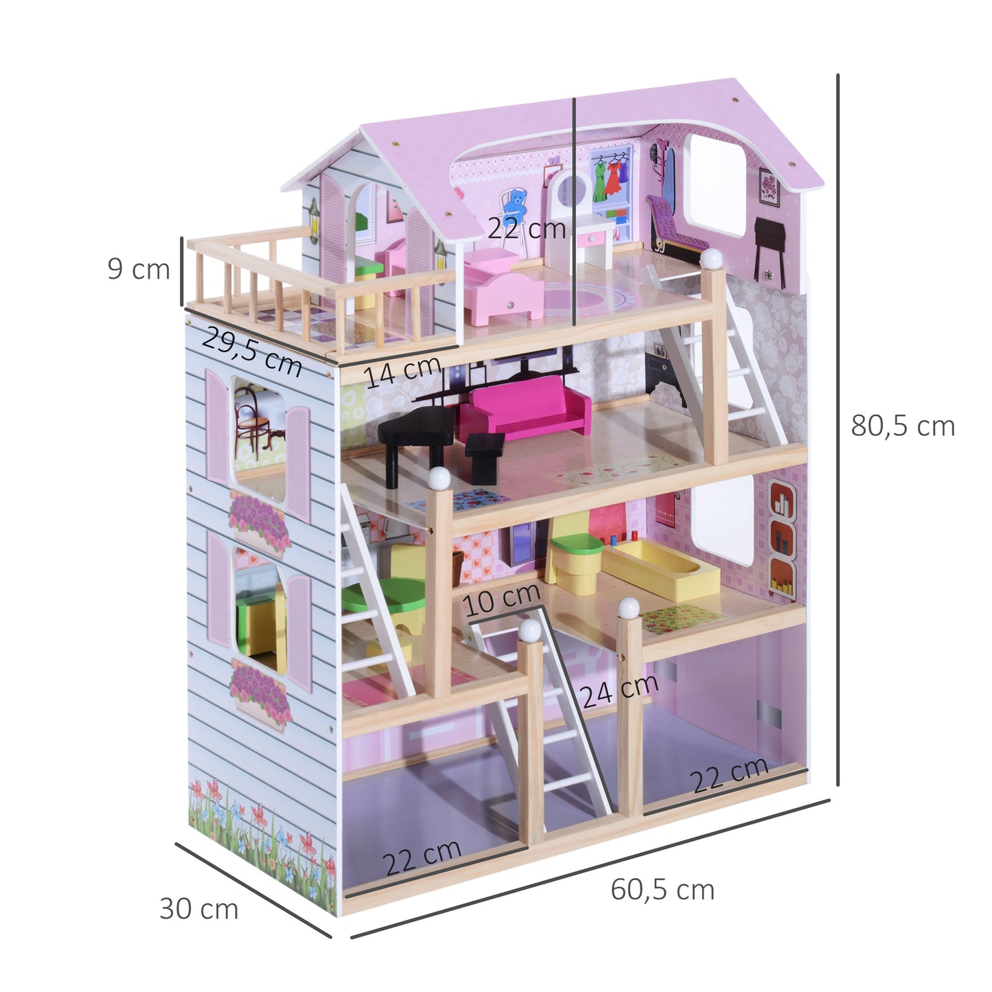 HOMCOM Casa de Muñecas de Madera con Muebles de 4 Niveles Altura 80,5 cm con 13 Accesorios Casita de Muñecas para Niñas Jueguete para Niños 60,5x30x80,5 cm Rosa