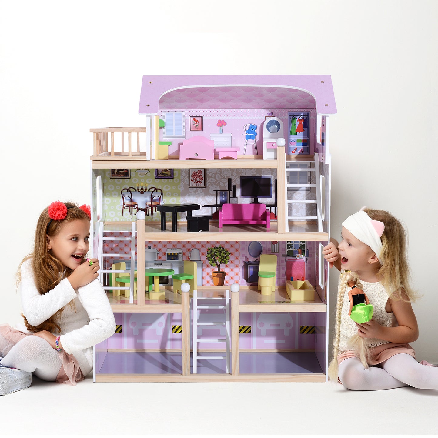 HOMCOM Casa de Muñecas de Madera con Muebles de 4 Niveles Altura 80,5 cm con 13 Accesorios Casita de Muñecas para Niñas Jueguete para Niños 60,5x30x80,5 cm Rosa