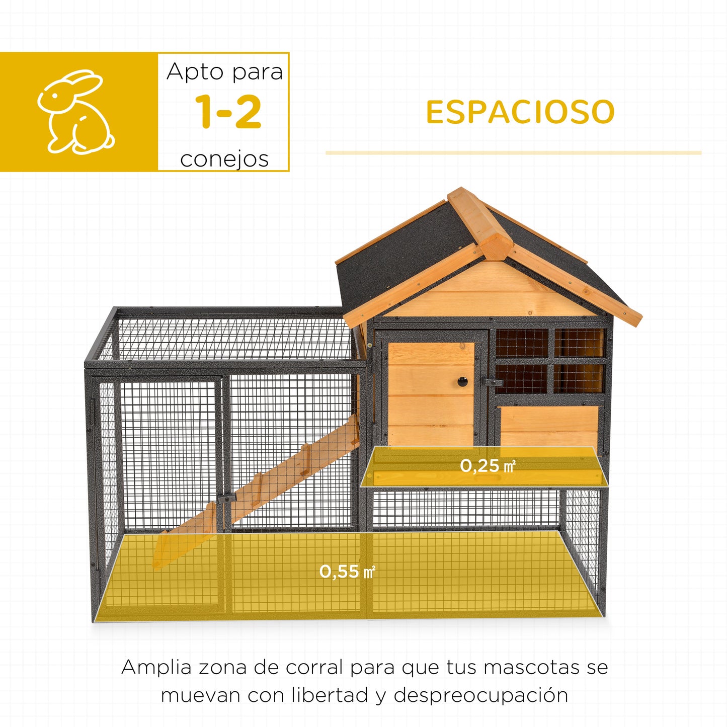 PawHut Conejera de Exterior Jaula para Mascotas Pequeñas 2 Niveles con Rampa Bandeja Extraíble de Madera y Metal 122x63x92 cm para Conejos Cobayas Madera y Gris