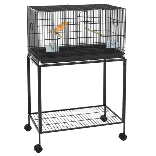 PawHut Jaula para Pájaros 77x46x119 cm Jaula Metálica para Aves con Bandeja Extraíble Perchas Comederos para Periquitos Canarios Negro