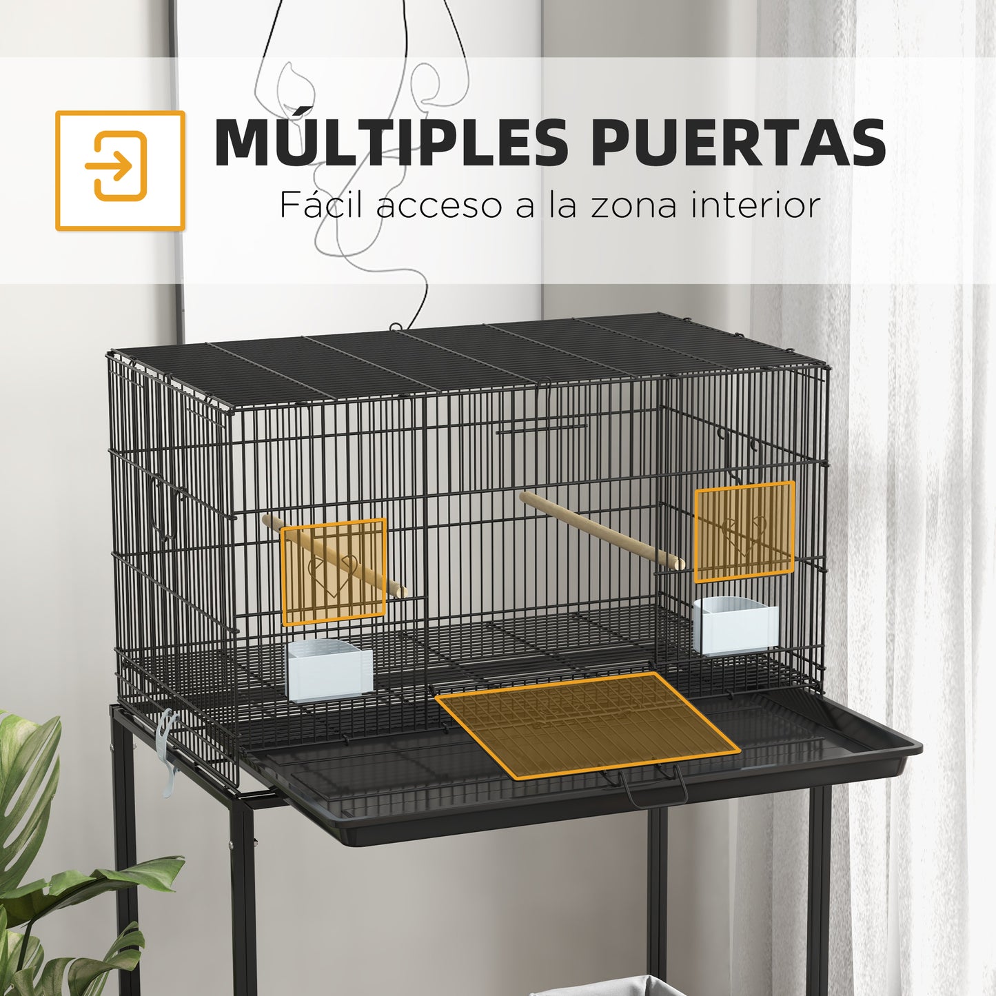 PawHut Jaula para Pájaros 77x46x119 cm Jaula Metálica para Aves con Bandeja Extraíble Perchas Comederos para Periquitos Canarios Negro