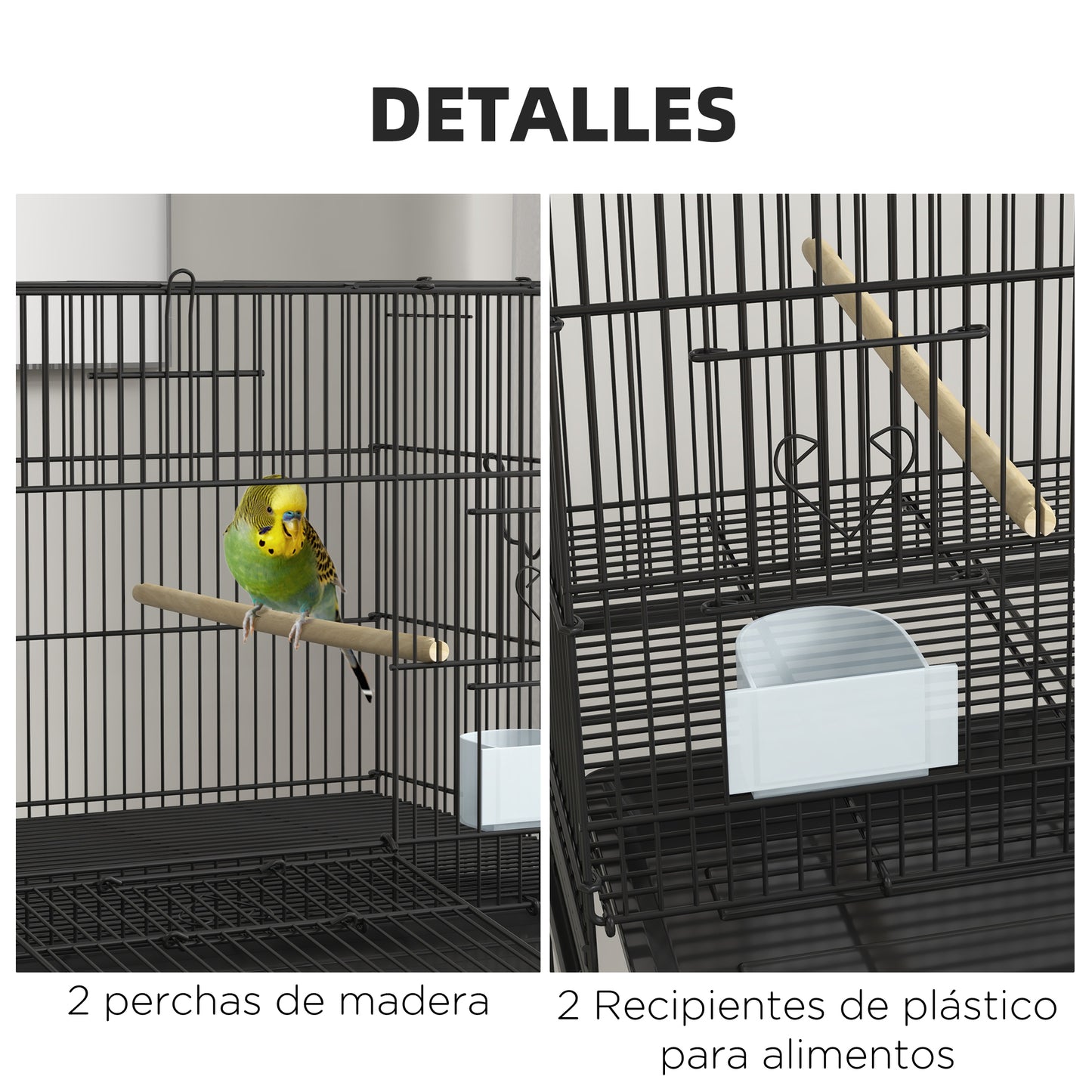 PawHut Jaula para Pájaros 77x46x119 cm Jaula Metálica para Aves con Bandeja Extraíble Perchas Comederos para Periquitos Canarios Negro