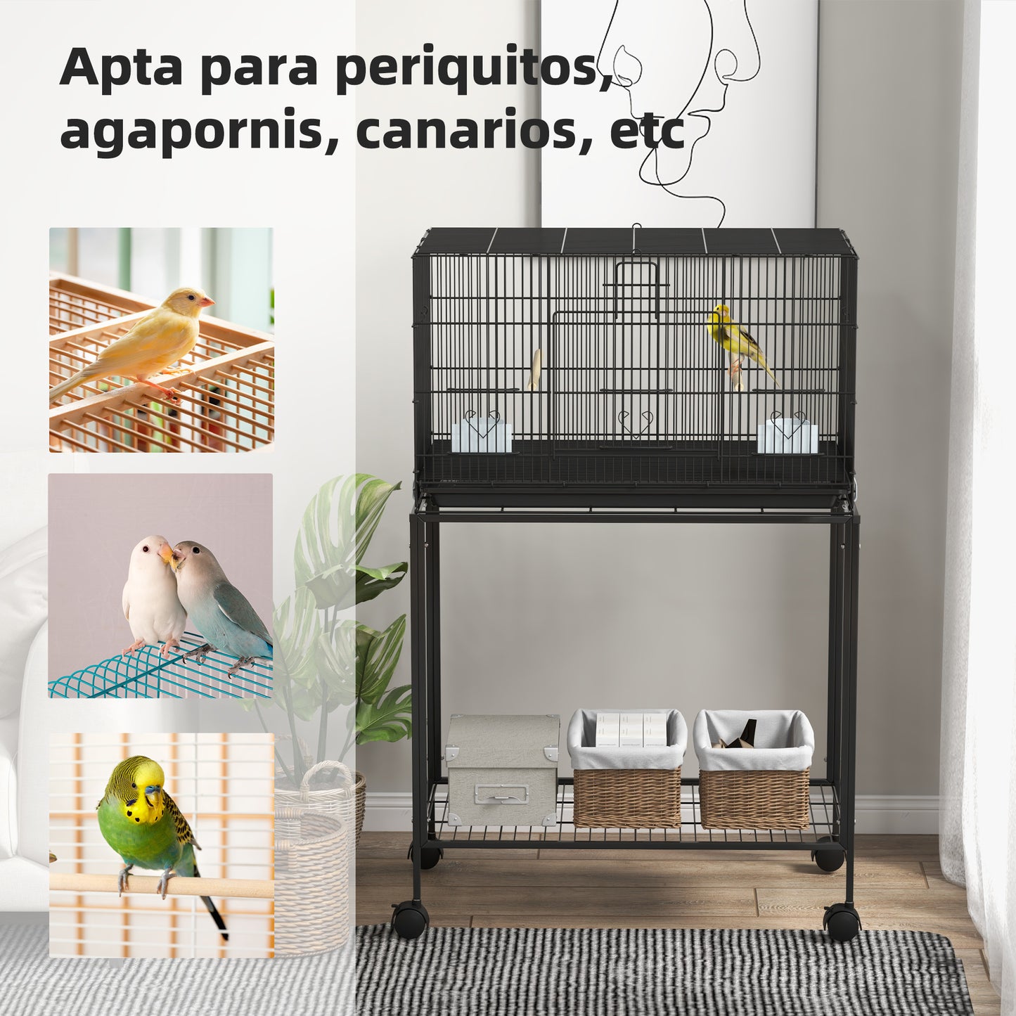 PawHut Jaula para Pájaros 77x46x119 cm Jaula Metálica para Aves con Bandeja Extraíble Perchas Comederos para Periquitos Canarios Negro