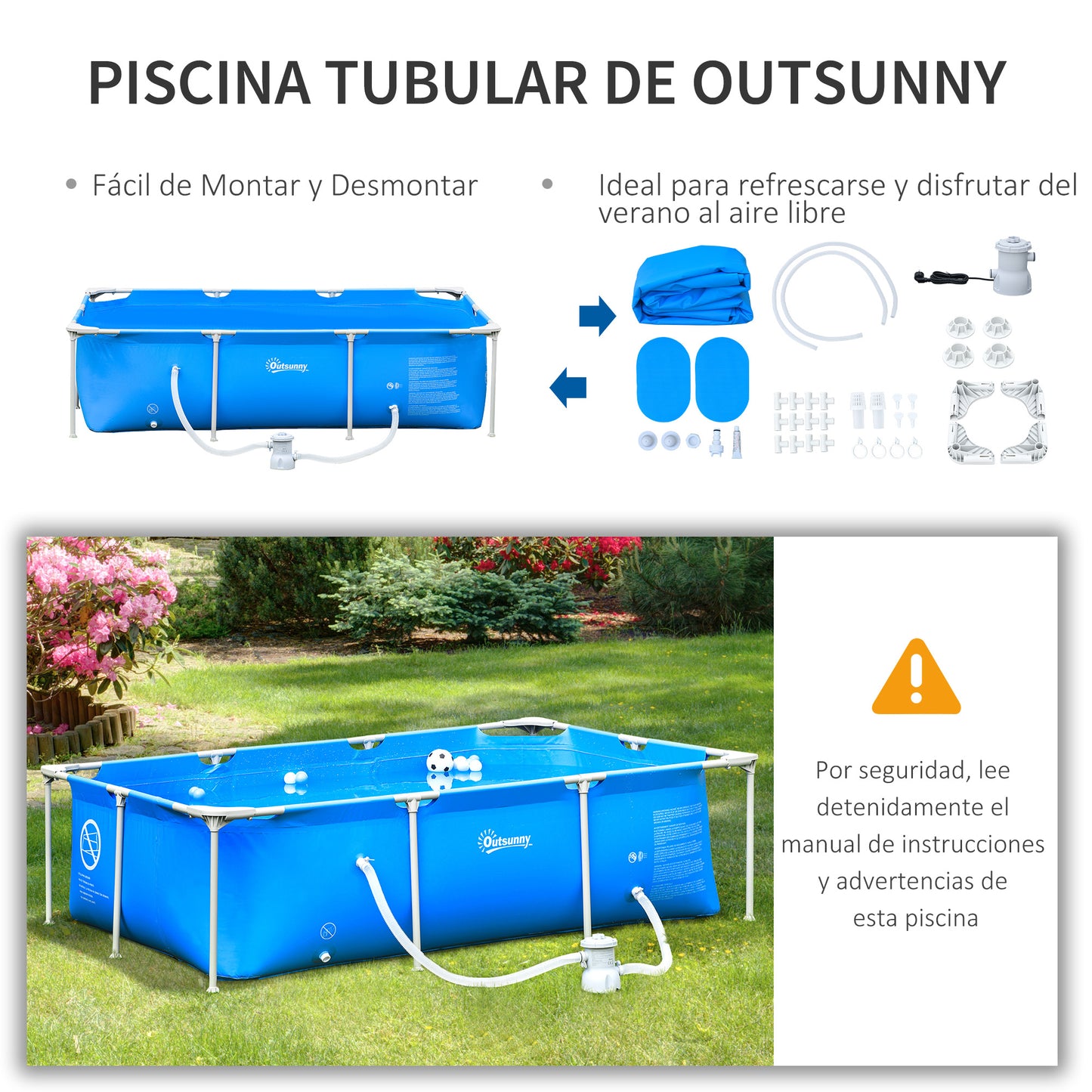 Outsunny Piscina Desmontable Tubular 252x152x65 cm con Depuradora de Cartucho 1200L/H Piscina Rectangular de Exterior para Adultos y Niños 2163L Azul