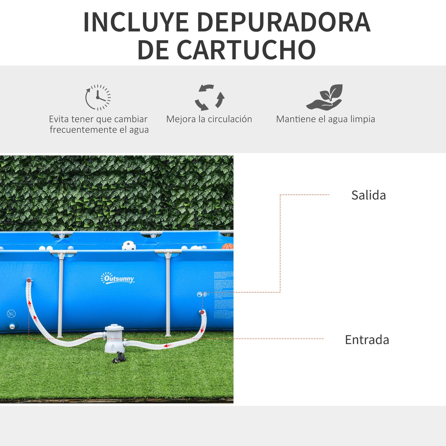 Outsunny Piscina Desmontable Tubular 252x152x65 cm con Depuradora de Cartucho 1200L/H Piscina Rectangular de Exterior para Adultos y Niños 2163L Azul