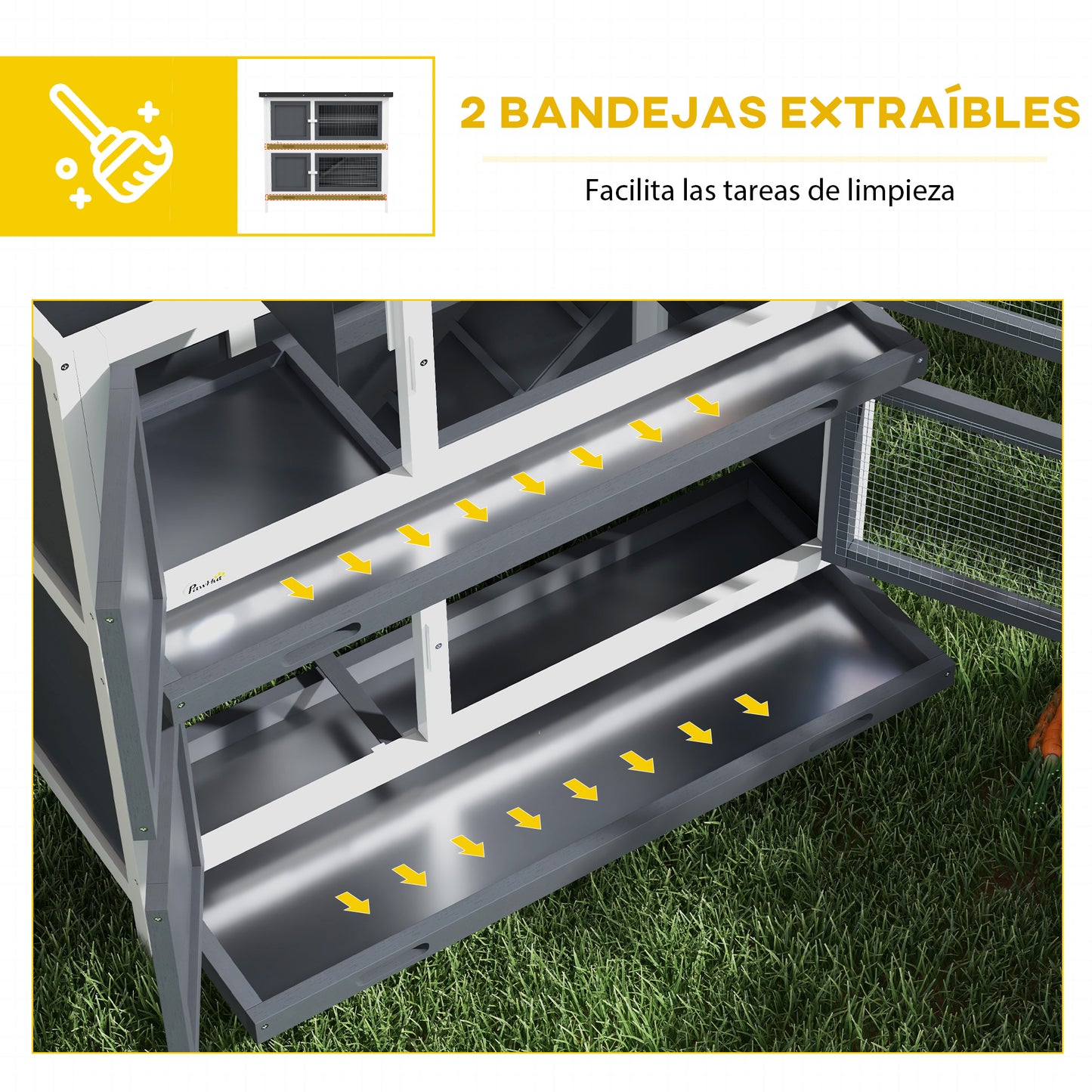 PawHut Conejera de Madera Jaula para Conejos de 2 Pisos 97x44x91 cm con Techo Asfáltico Puertas con Pestillo Bandejas Extraíbles y Rampa para 2 Conejos Gris