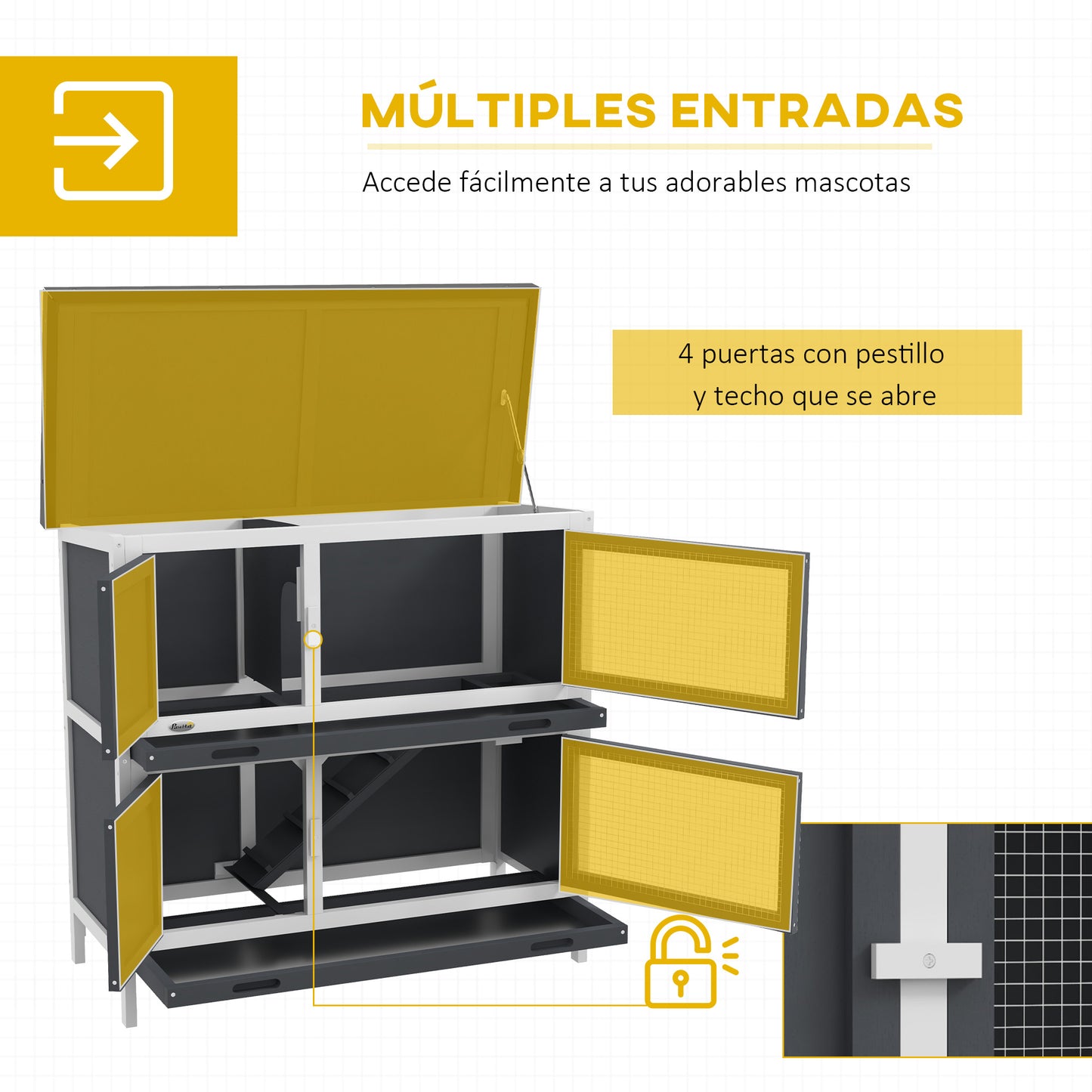 PawHut Conejera de Madera Jaula para Conejos de 2 Pisos 97x44x91 cm con Techo Asfáltico Puertas con Pestillo Bandejas Extraíbles y Rampa para 2 Conejos Gris