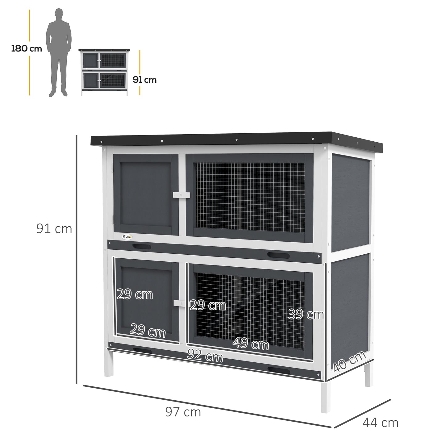 PawHut Conejera de Madera Jaula para Conejos de 2 Pisos 97x44x91 cm con Techo Asfáltico Puertas con Pestillo Bandejas Extraíbles y Rampa para 2 Conejos Gris