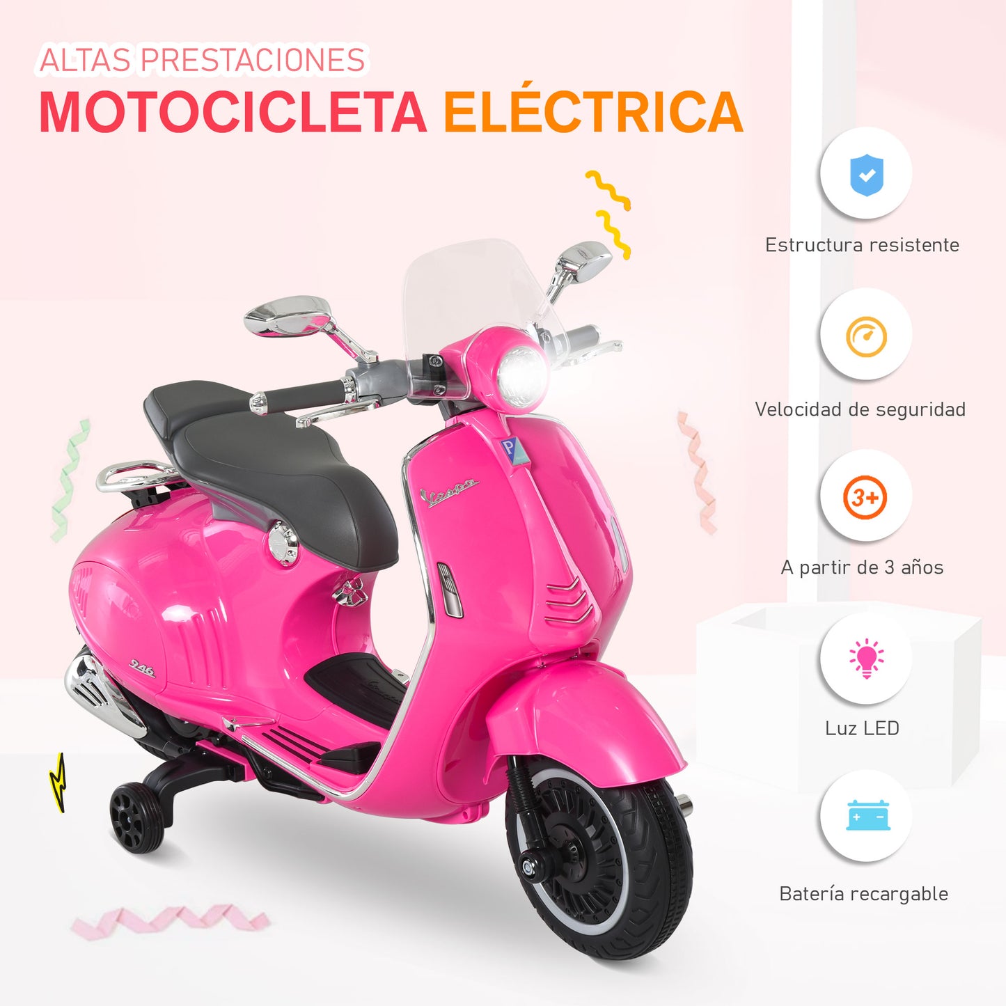 HOMCOM Moto Eléctrica para Niños de 3-6 Años Moto de Batería Autorizada de VESPA con Faros Música 2 Ruedas Auxiliares 108x49x75 cm Rosa