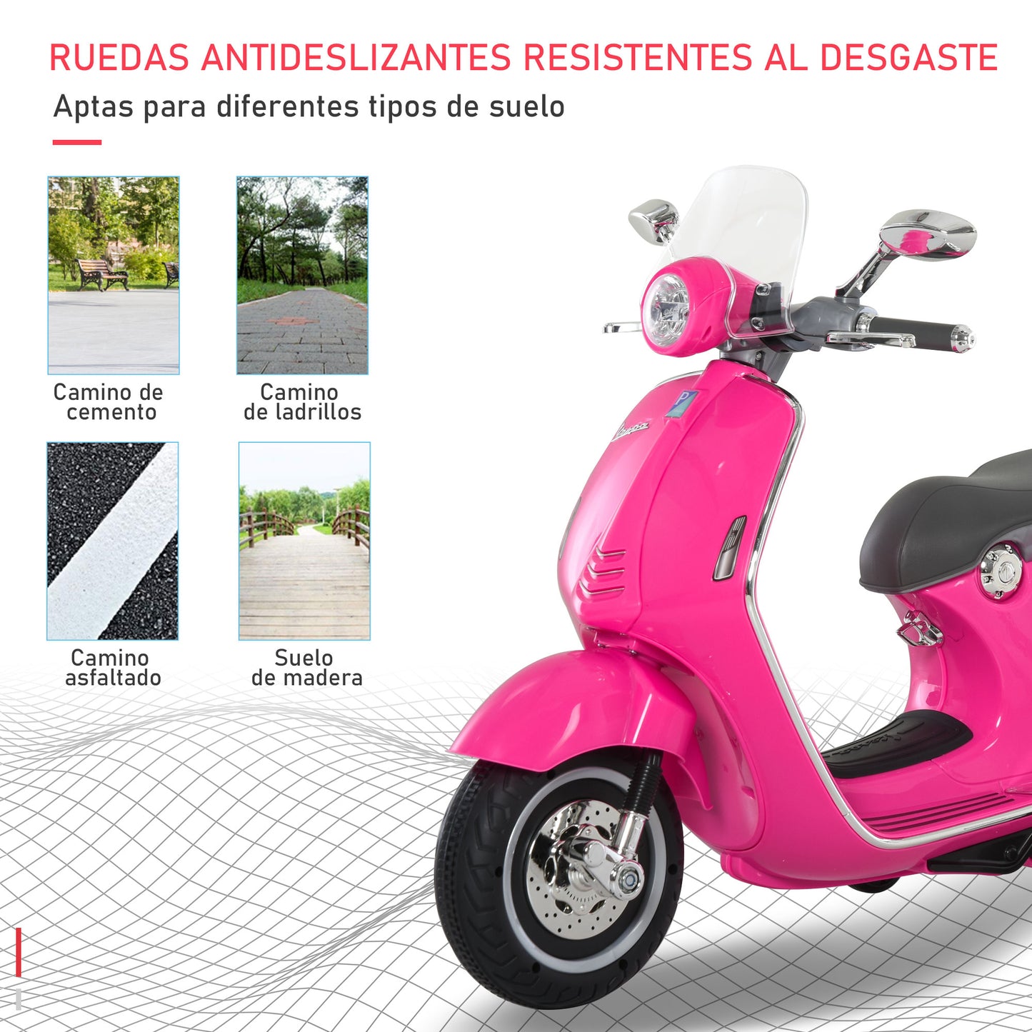 HOMCOM Moto Eléctrica para Niños de 3-6 Años Moto de Batería Autorizada de VESPA con Faros Música 2 Ruedas Auxiliares 108x49x75 cm Rosa