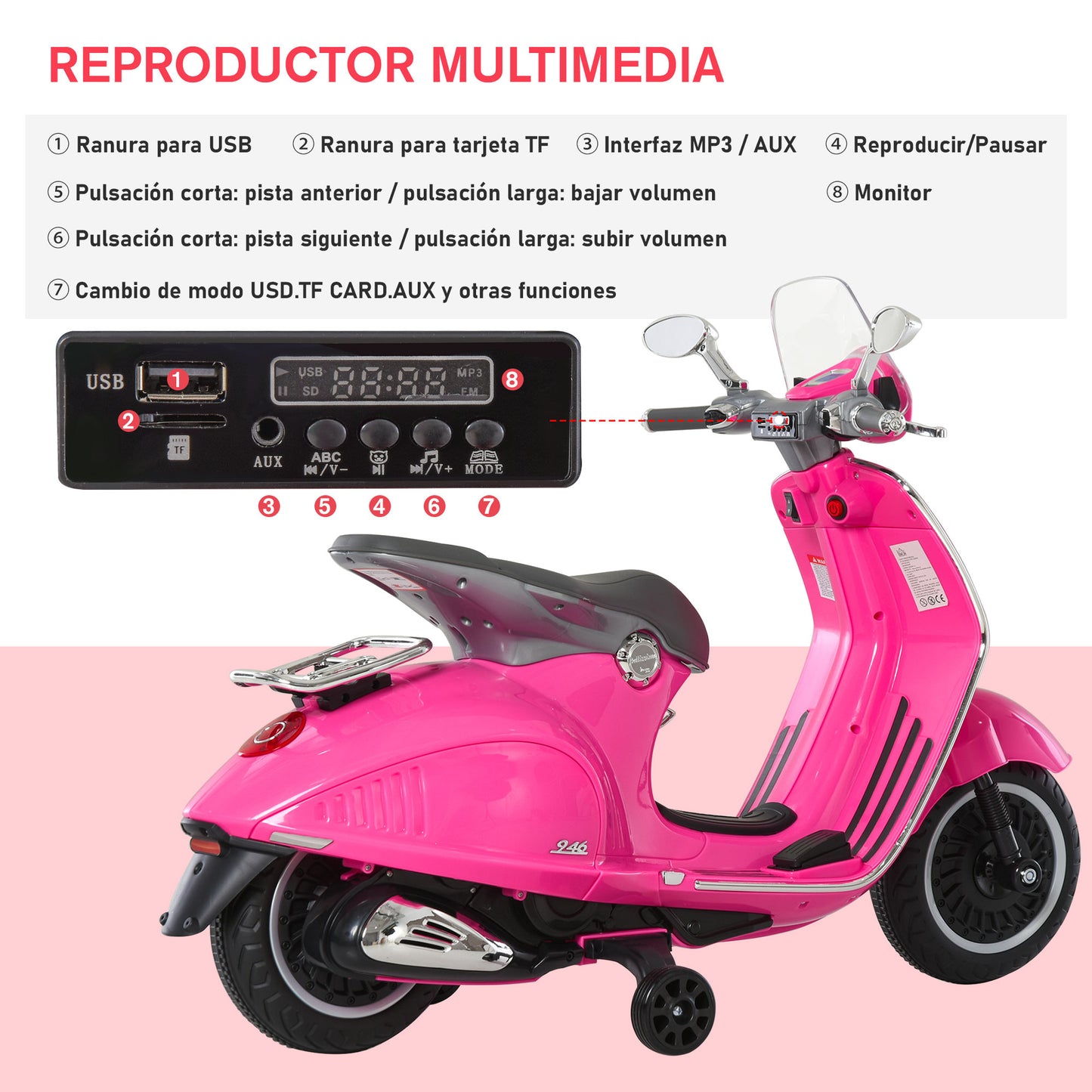 HOMCOM Moto Eléctrica para Niños de 3-6 Años Moto de Batería Autorizada de VESPA con Faros Música 2 Ruedas Auxiliares 108x49x75 cm Rosa