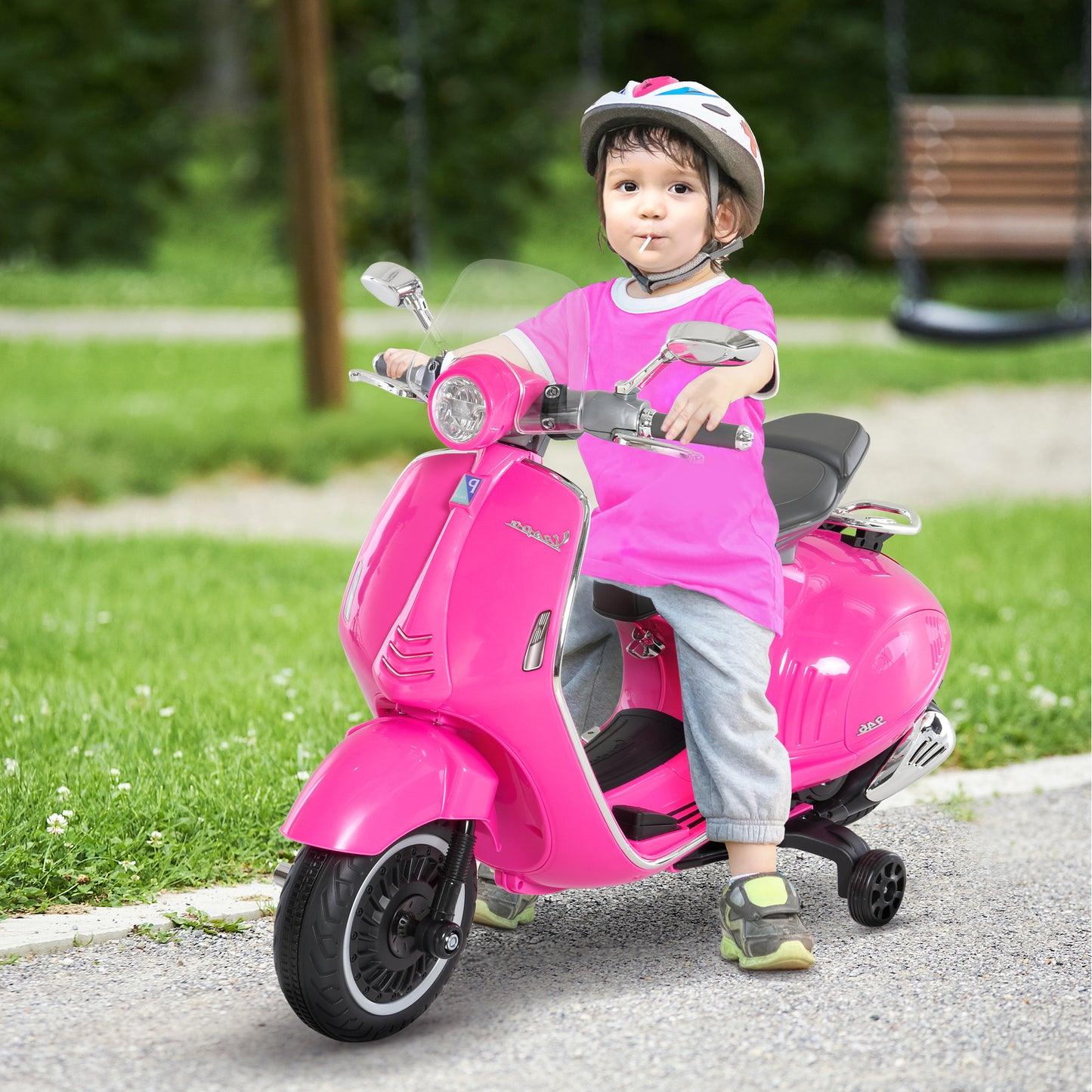 HOMCOM Moto Eléctrica para Niños de 3-6 Años Moto de Batería Autorizada de VESPA con Faros Música 2 Ruedas Auxiliares 108x49x75 cm Rosa