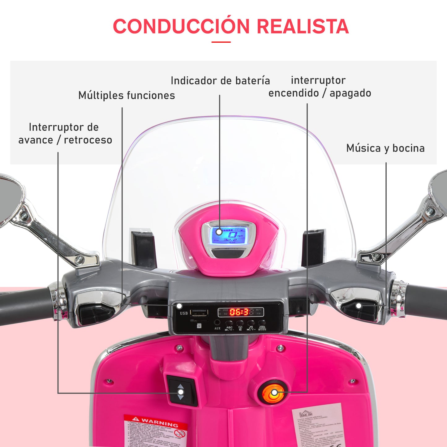 HOMCOM Moto Eléctrica para Niños de 3-6 Años Moto de Batería Autorizada de VESPA con Faros Música 2 Ruedas Auxiliares 108x49x75 cm Rosa