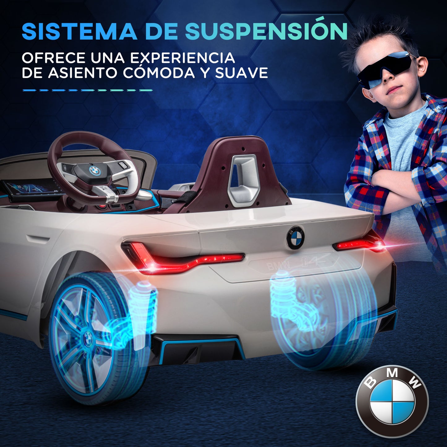 HOMCOM Coche Eléctrico para Niños 37-72 Meses Autorización BMW I4 Coche de Batería 12V con Control Remoto Música MP3 Pantalla Luces y Cinturón de Seguridad 115x67x45 cm Blanco