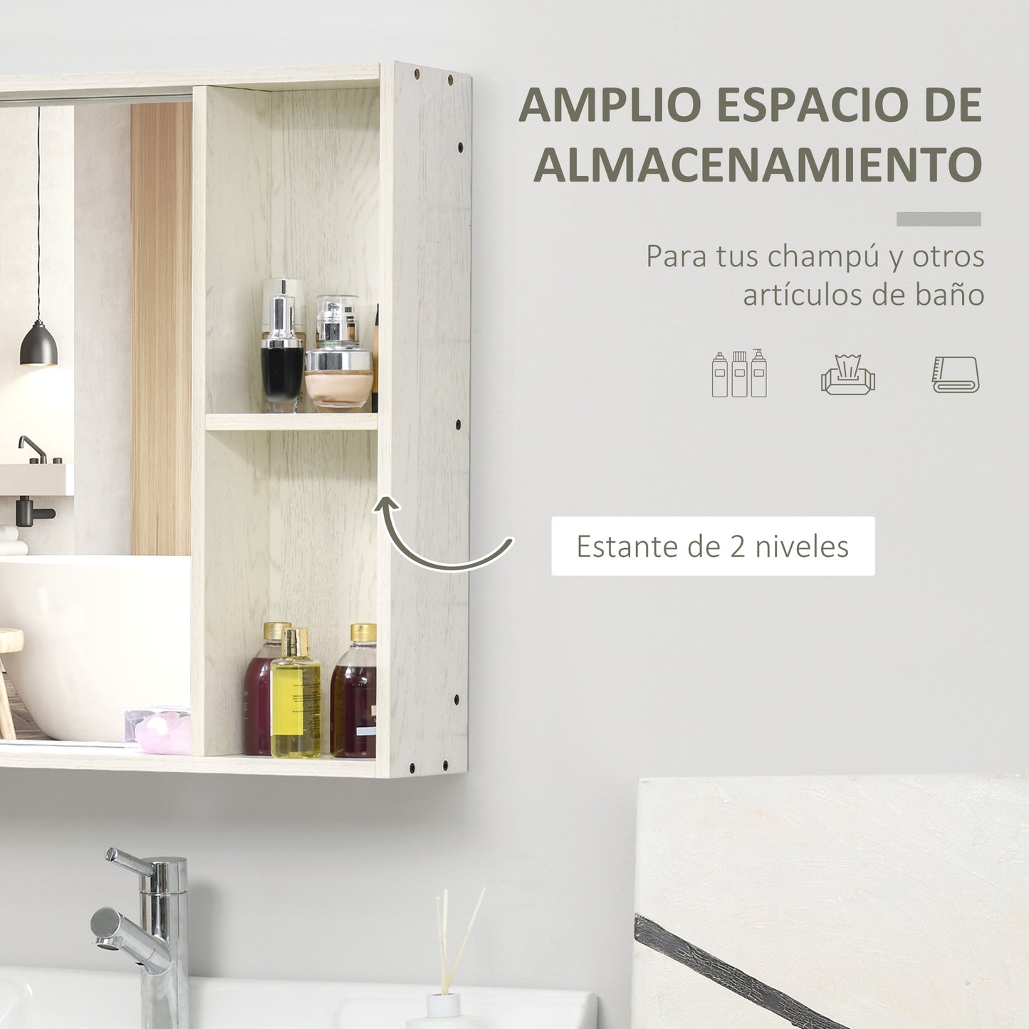 HOMCOM Armario de Baño con Espejo Armario con Espejo para Baño con Estantes Mueble para Baño Estilo Moderno 63x15x65 cm Blanco