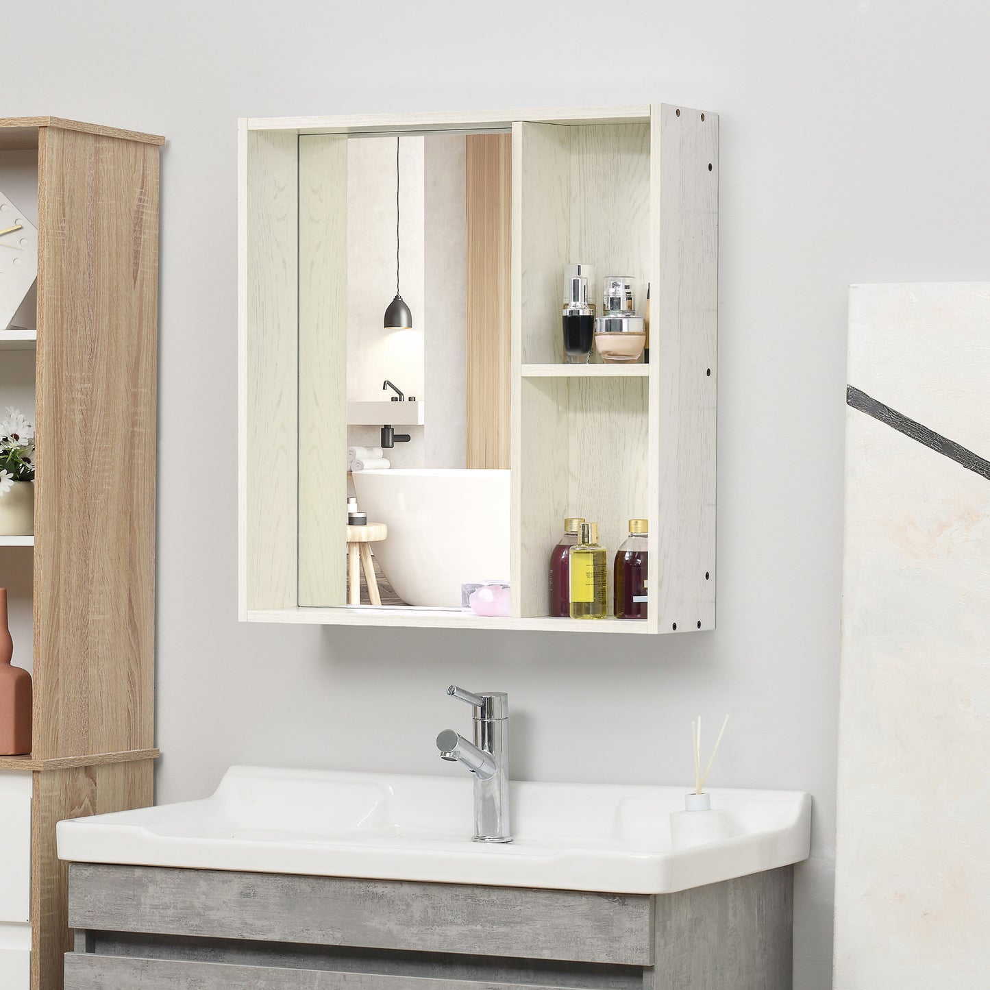 HOMCOM Armario de Baño con Espejo Armario con Espejo para Baño con Estantes Mueble para Baño Estilo Moderno 63x15x65 cm Blanco