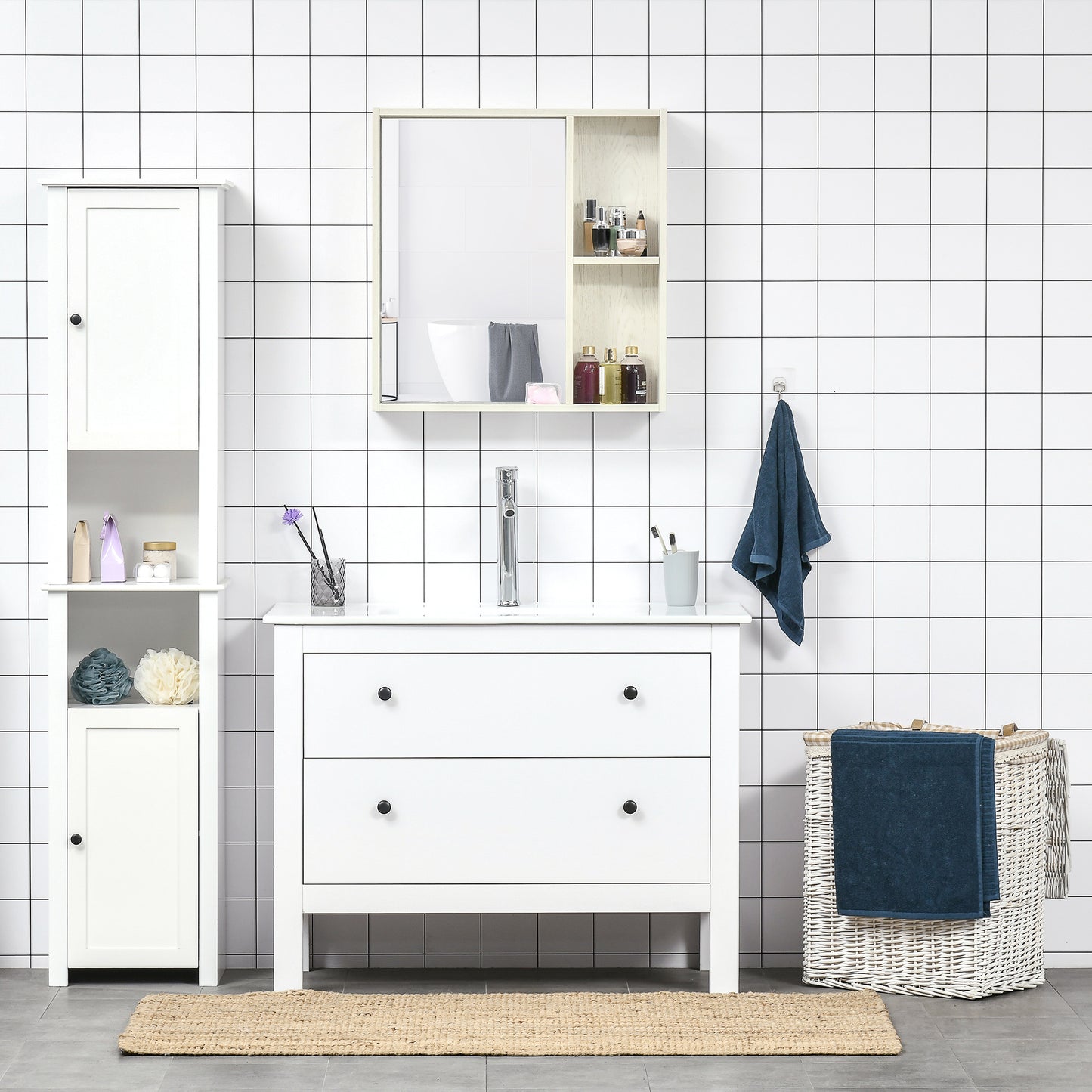 HOMCOM Armario de Baño con Espejo Armario con Espejo para Baño con Estantes Mueble para Baño Estilo Moderno 63x15x65 cm Blanco