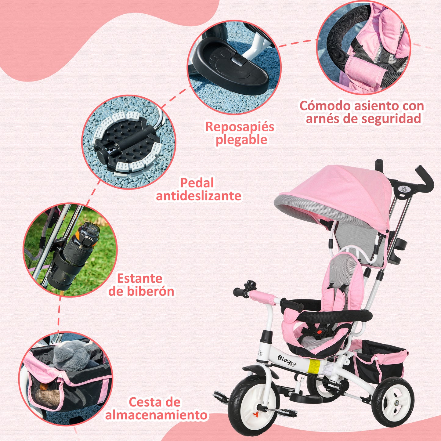 HOMCOM Triciclo para Bebés Triciclo Evolutivo para Niños con Toldo Plegable Mango de Empuje Telescópico y Desmontable Cinturón de Seguridad y Cesto 95x50x106 cm Rosa