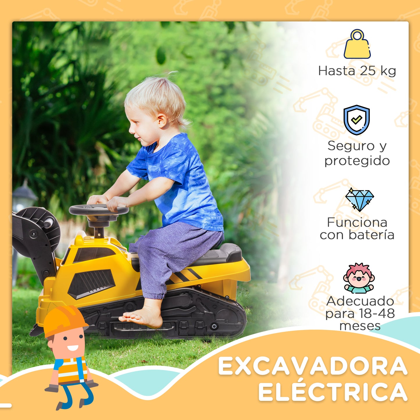 HOMCOM Tractor Excavadora Eléctrica para Niños de +18 Meses Vehículo Infantil 3 en 1 con Batería 6V Pala y Apisonadora Carga 25 kg 100x43x48,5 cm Negro y Amarillo